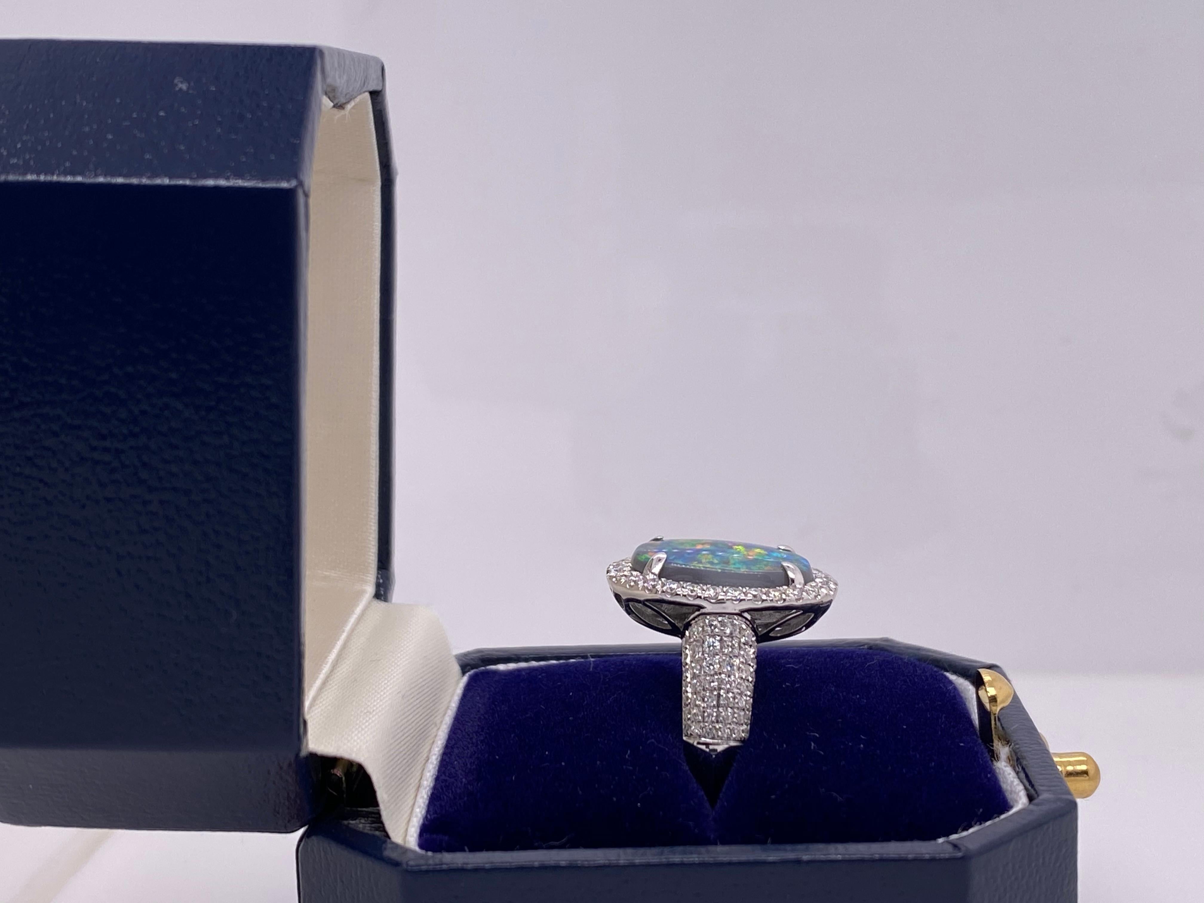 2.16ct Australian Multicolor Opal with 0.62ctw Diamond Halo Ring, 18k White Gold For Sale 1