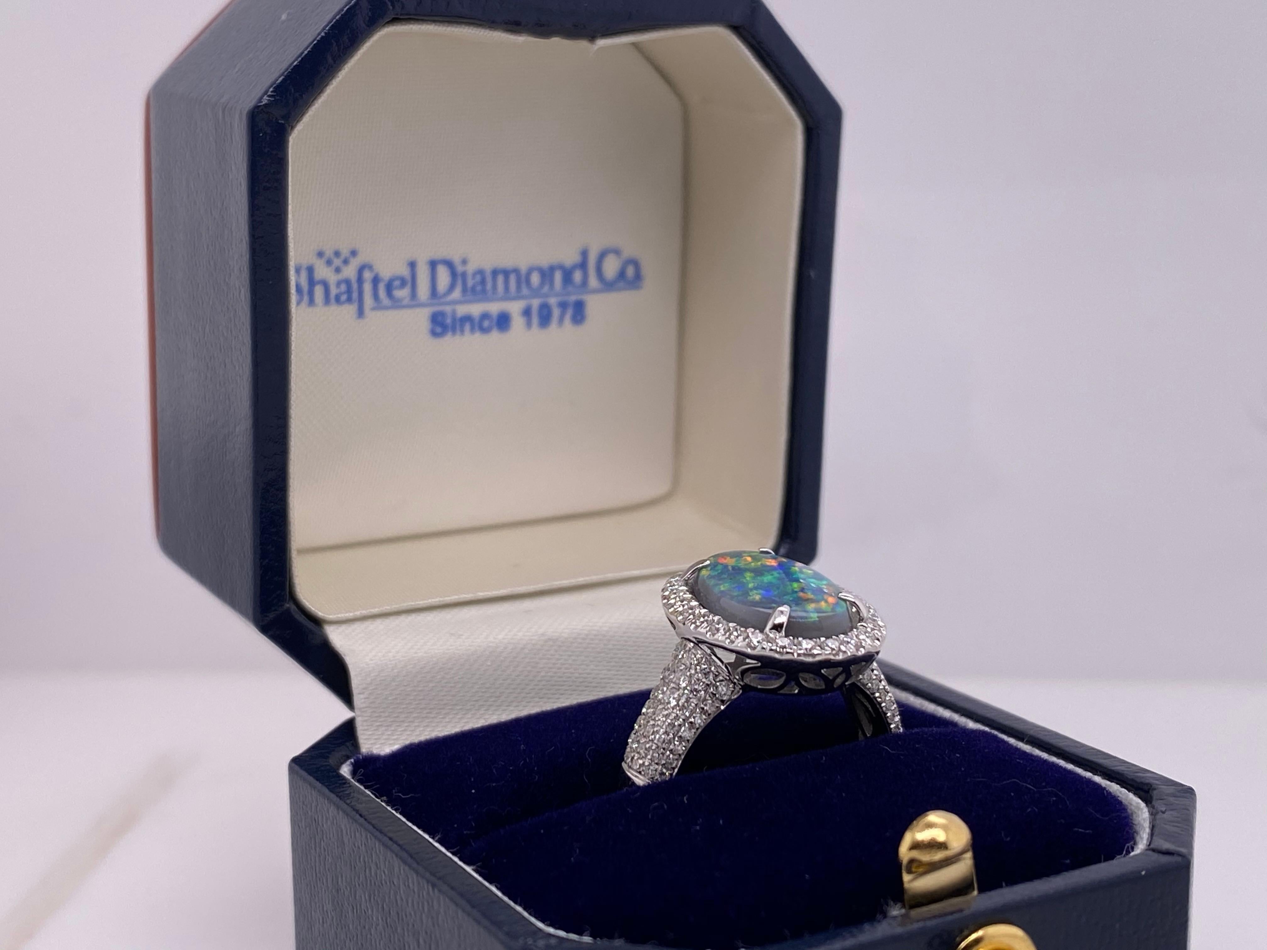 2.16ct Australian Multicolor Opal with 0.62ctw Diamond Halo Ring, 18k White Gold For Sale 2