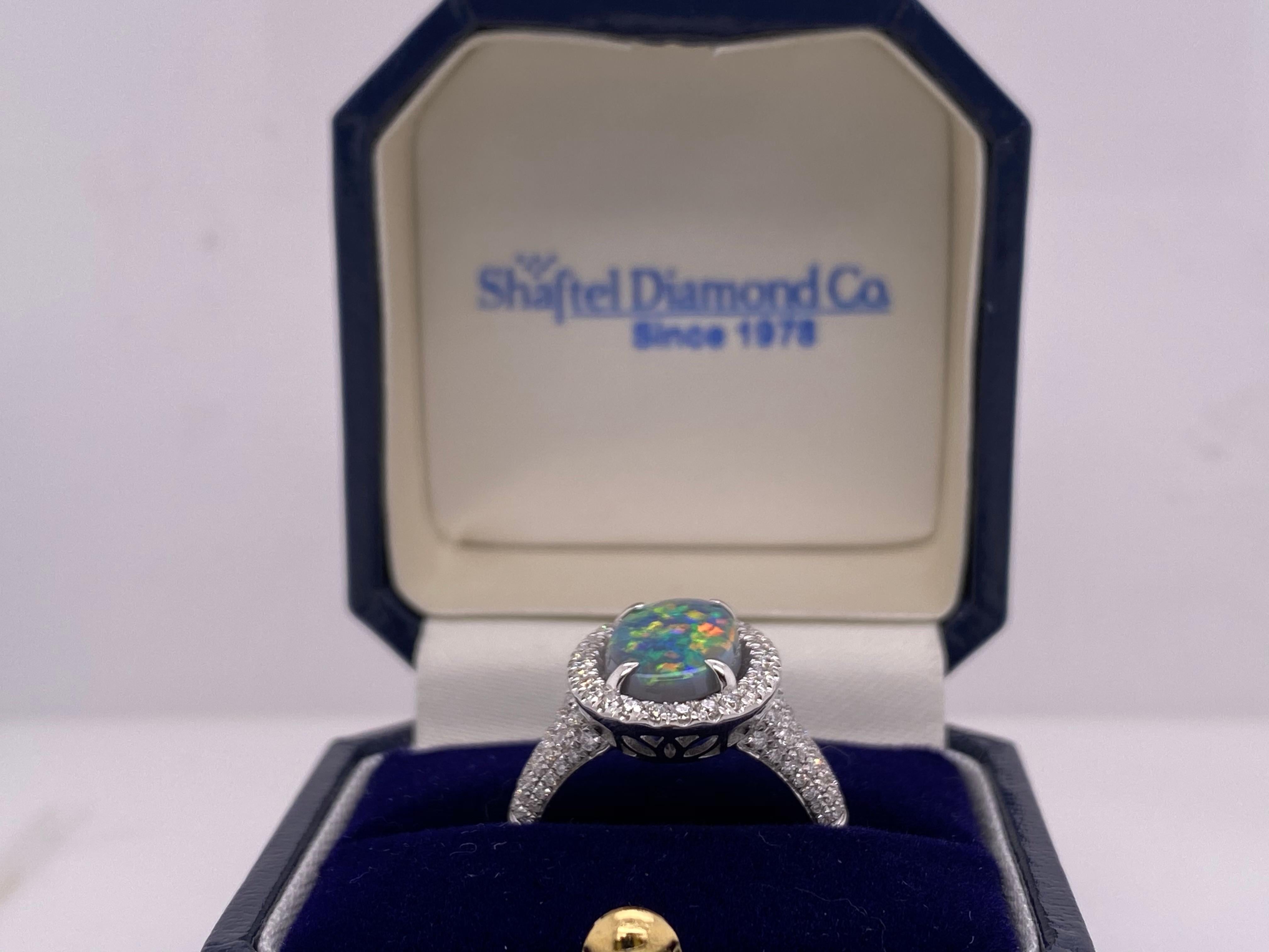 2.16ct Australian Multicolor Opal with 0.62ctw Diamond Halo Ring, 18k White Gold For Sale 3