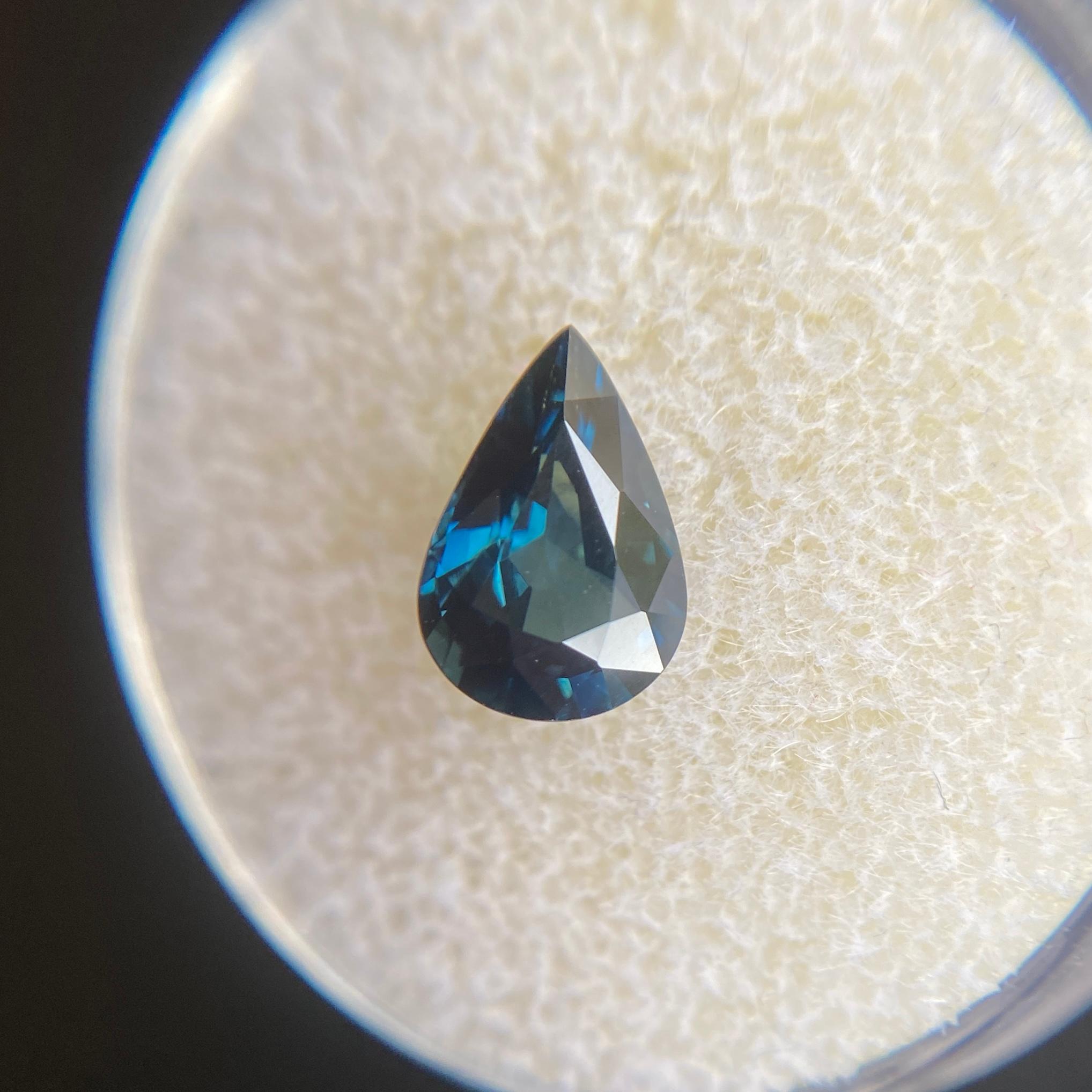Australian Deep Blue Sapphire Gemstone.

Natural sapphire with a stunning deep greenish blue colour. 1.46 carat with very good clarity. Very clean stone.

Also has an excellent pear teardrop cut and ideal polish to show great shine and colour, would