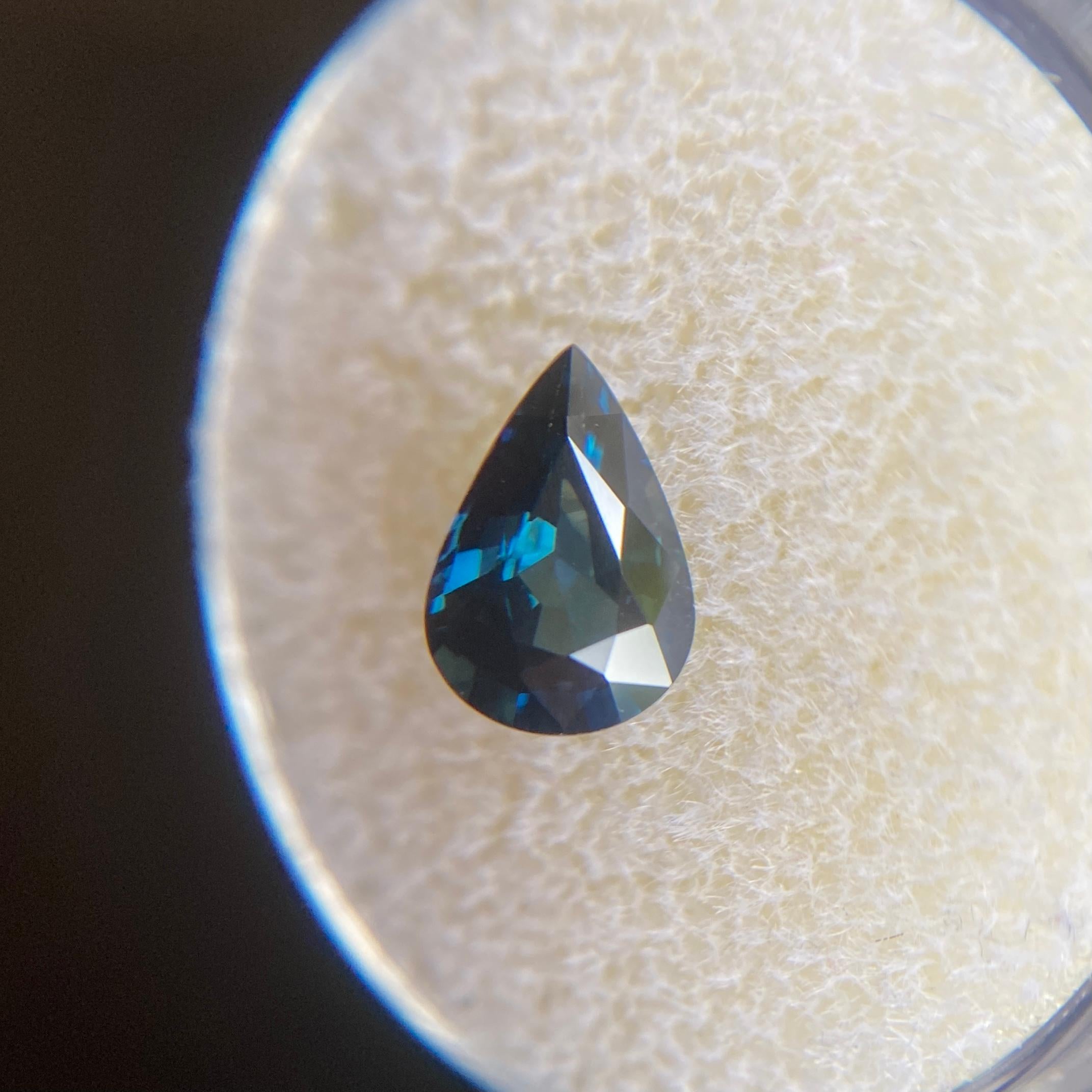 Women's or Men's Australian Deep Green Blue Sapphire 1.46ct Pear Teardrop Cut Rare Gem