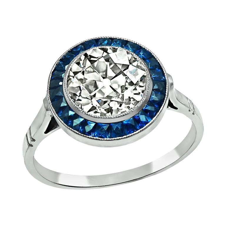 2.16ct Diamond Sapphire Halo Engagement Ring For Sale