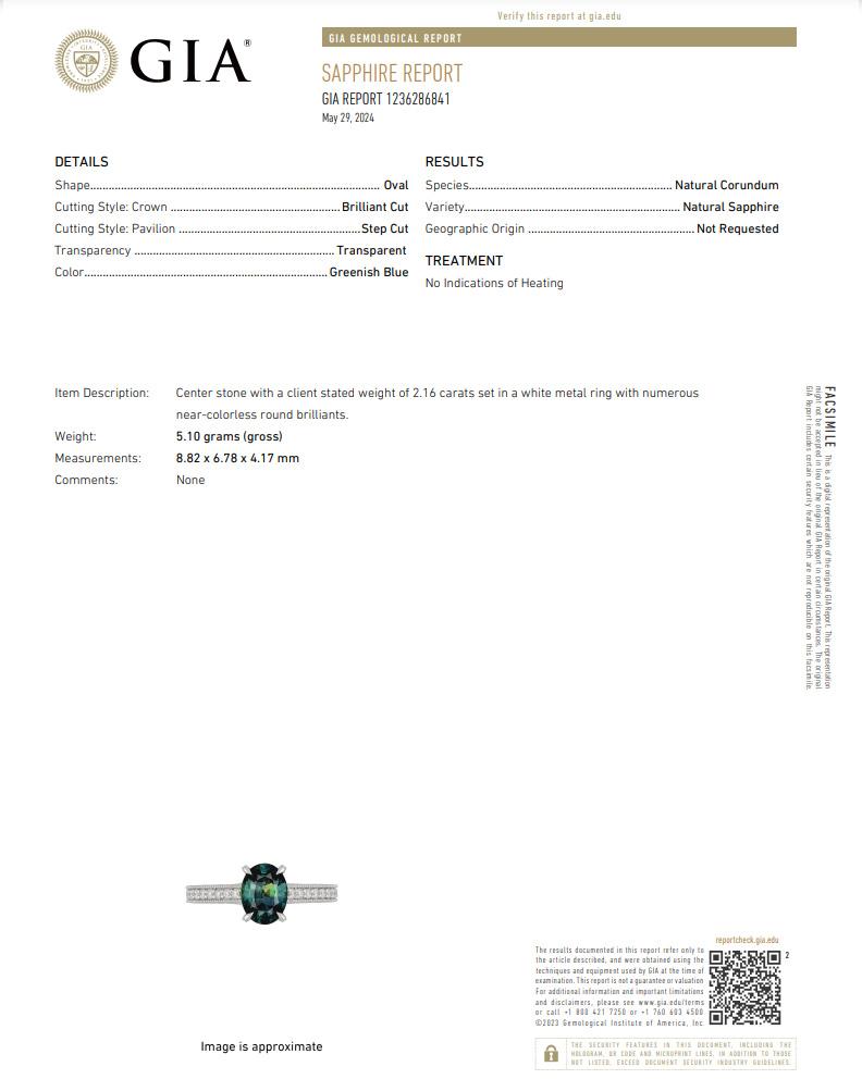2.16ct GIA-Certified Natural Unheated Sapphire Engagement Ring 14K White Gold For Sale 1