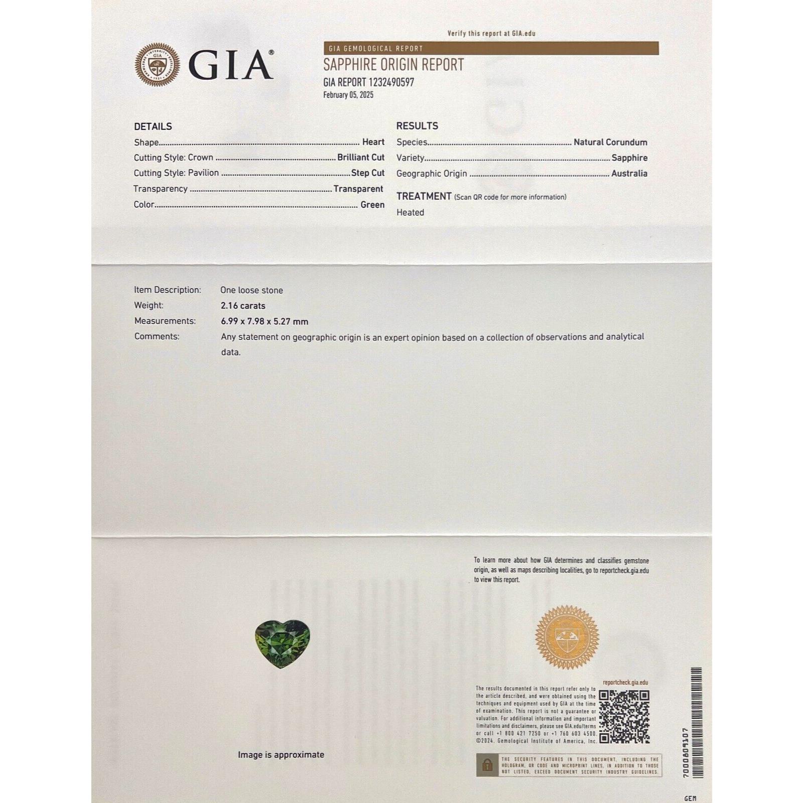 2,16 ct Zafiro natural verde vivo certificado por el GIA Gema rara australiana talla corazón

Gema de zafiro australiano talla corazón verde vivo certificada por GIA.
Zafiro de 2,16 quilates de color verde vivo, brillante y fino.
Este zafiro también