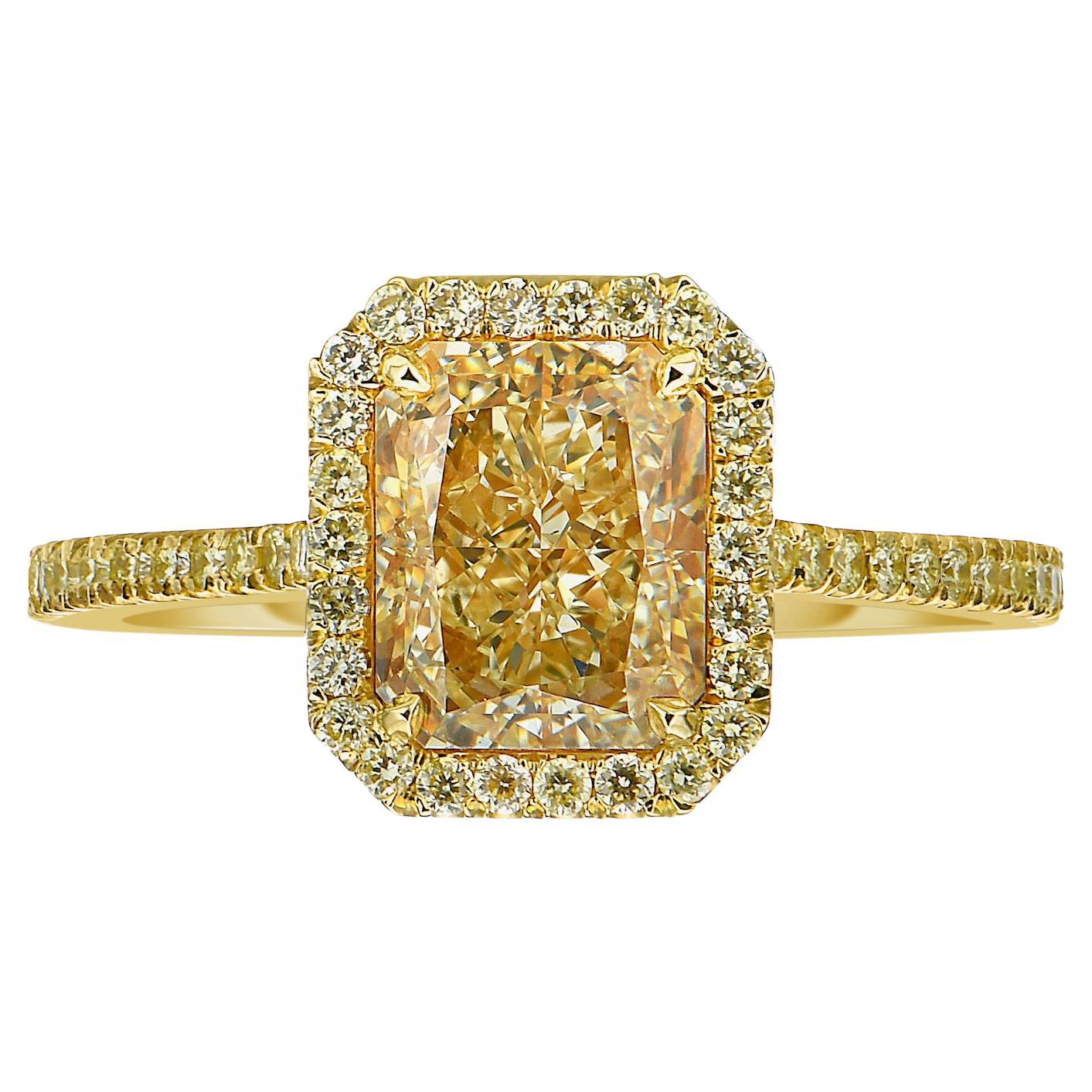 2 Carat GIA Light Yellow Elongated Radiant Cut Halo Diamond Ring For Sale