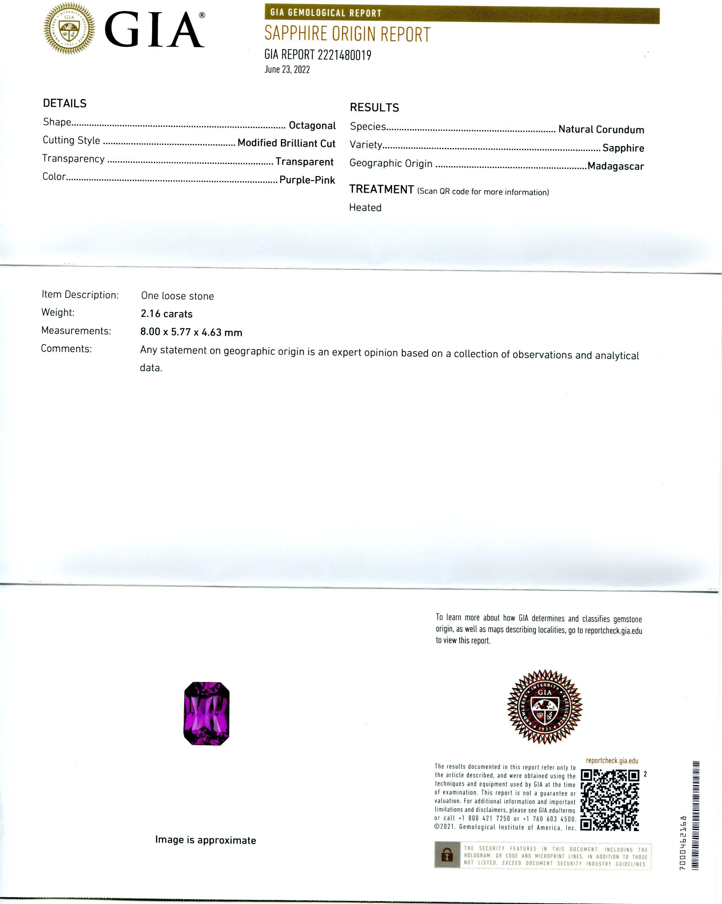 Octagon Cut 2.16 Carat Octagonal Purple-Pink Sapphire GIA Certified Madagascar For Sale