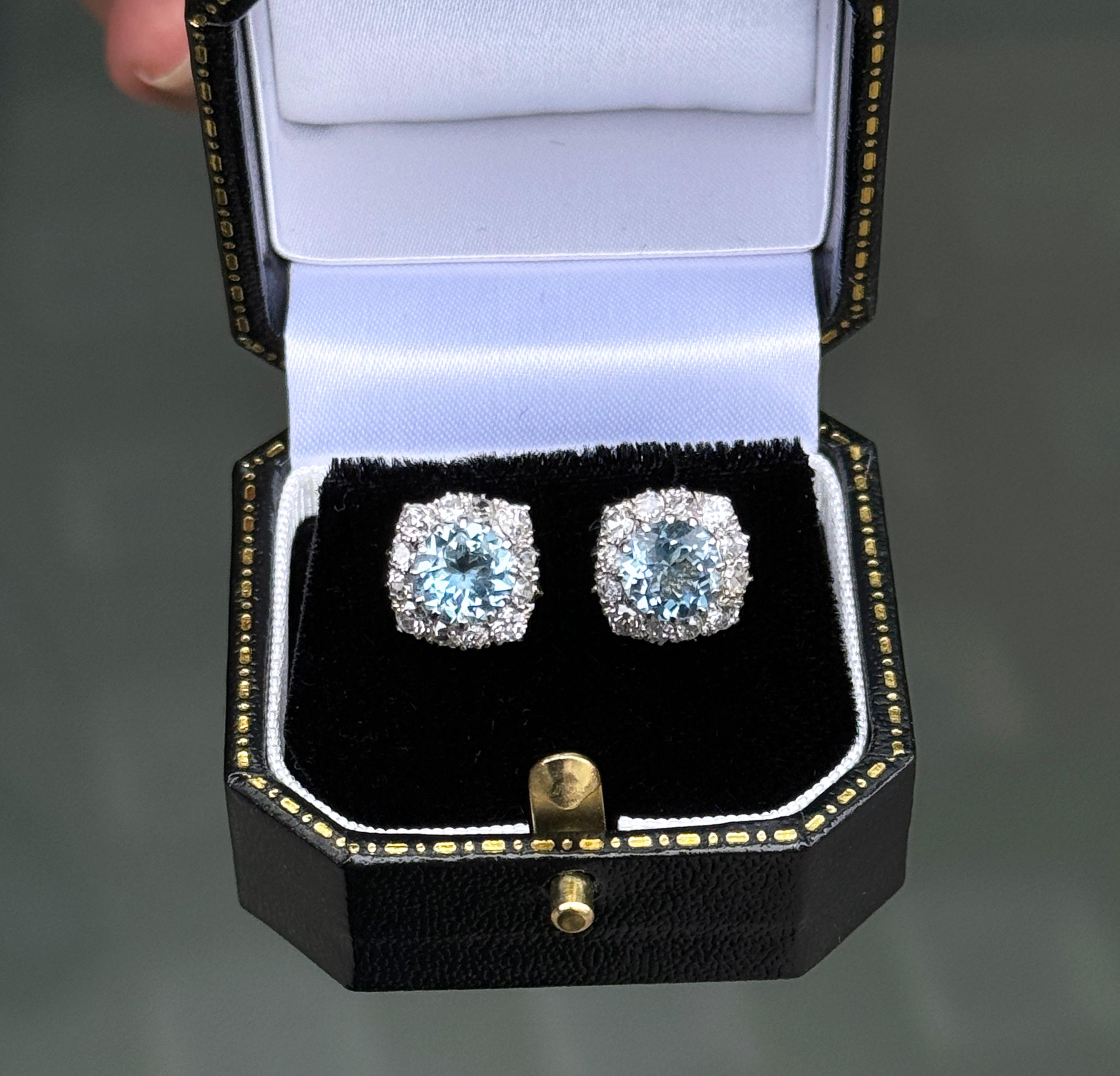 Women's or Men's 2.17 Carat Aquamarine and Diamond Cluster Stud Earrings in Palladium For Sale