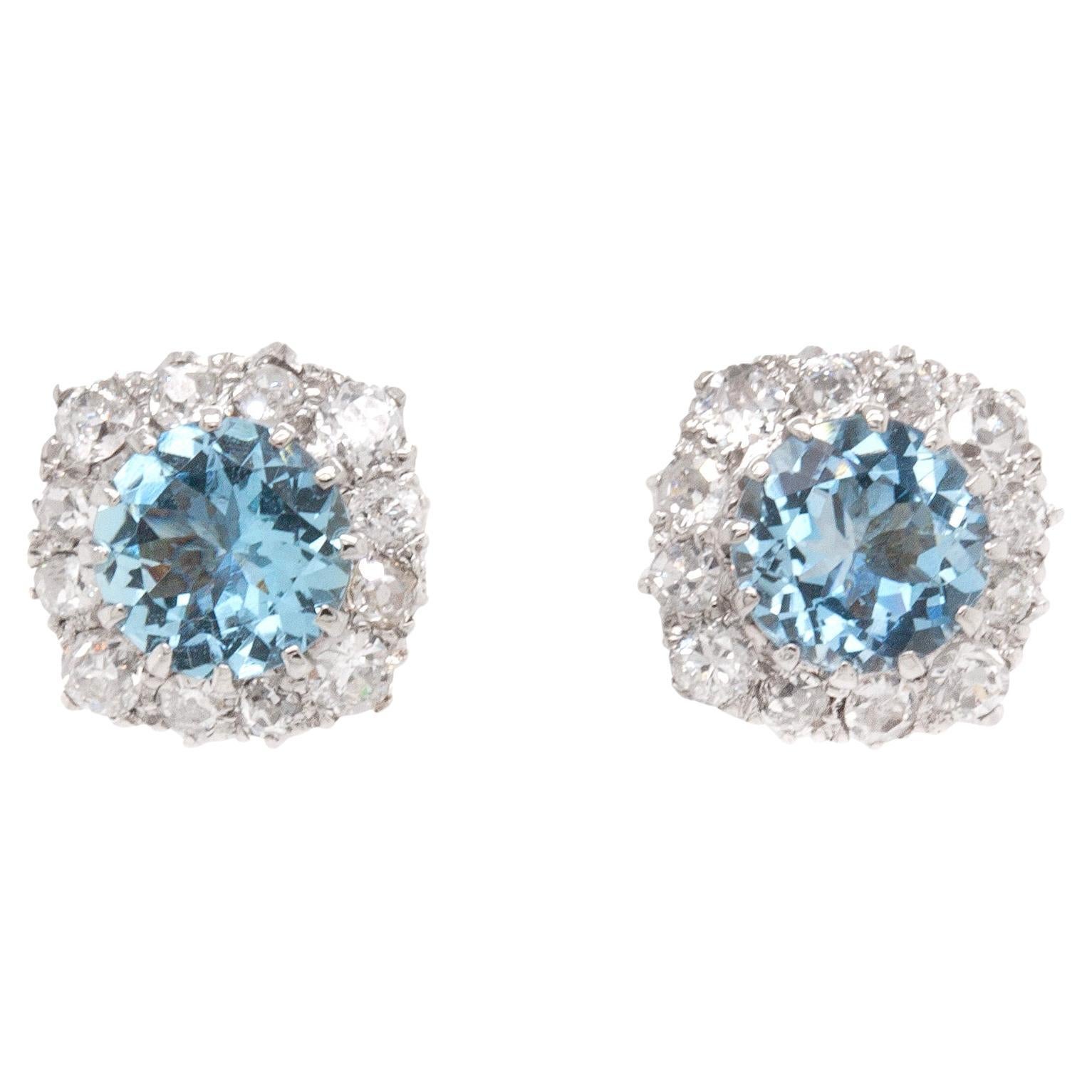 2.17 Carat Aquamarine and Diamond Cluster Stud Earrings in Palladium For Sale