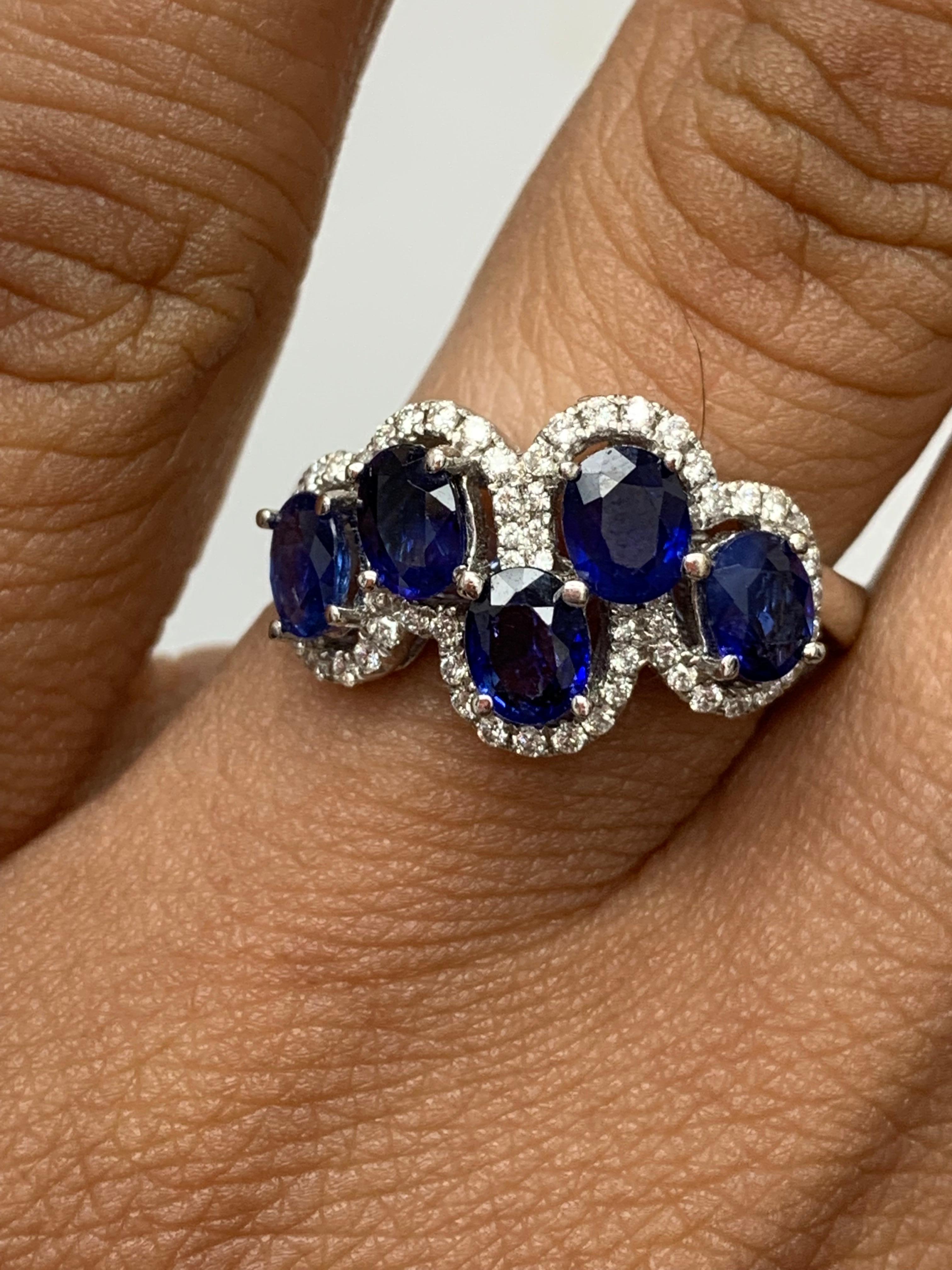 Contemporary 2.17 Carat Blue Sapphire and Diamond Cocktail Ring in 18K White Gold For Sale
