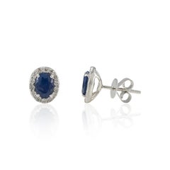 2.17 CTW Deep Blue Sapphire and Halo Diamond 18k Solid White Gold Stud Earrings