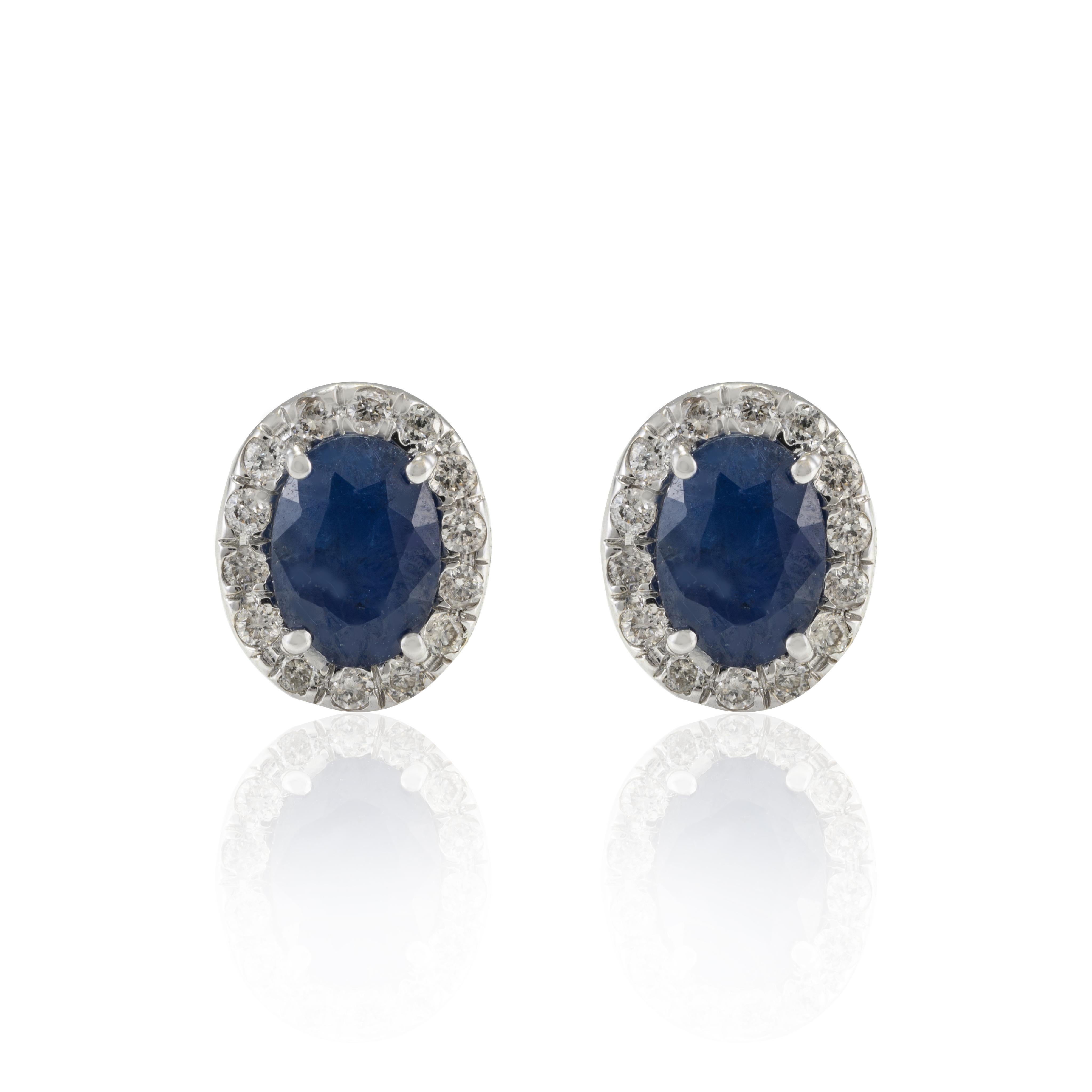 Art Deco 2.17 CTW Deep Blue Sapphire and Halo Diamond 18k Solid White Gold Stud Earrings For Sale