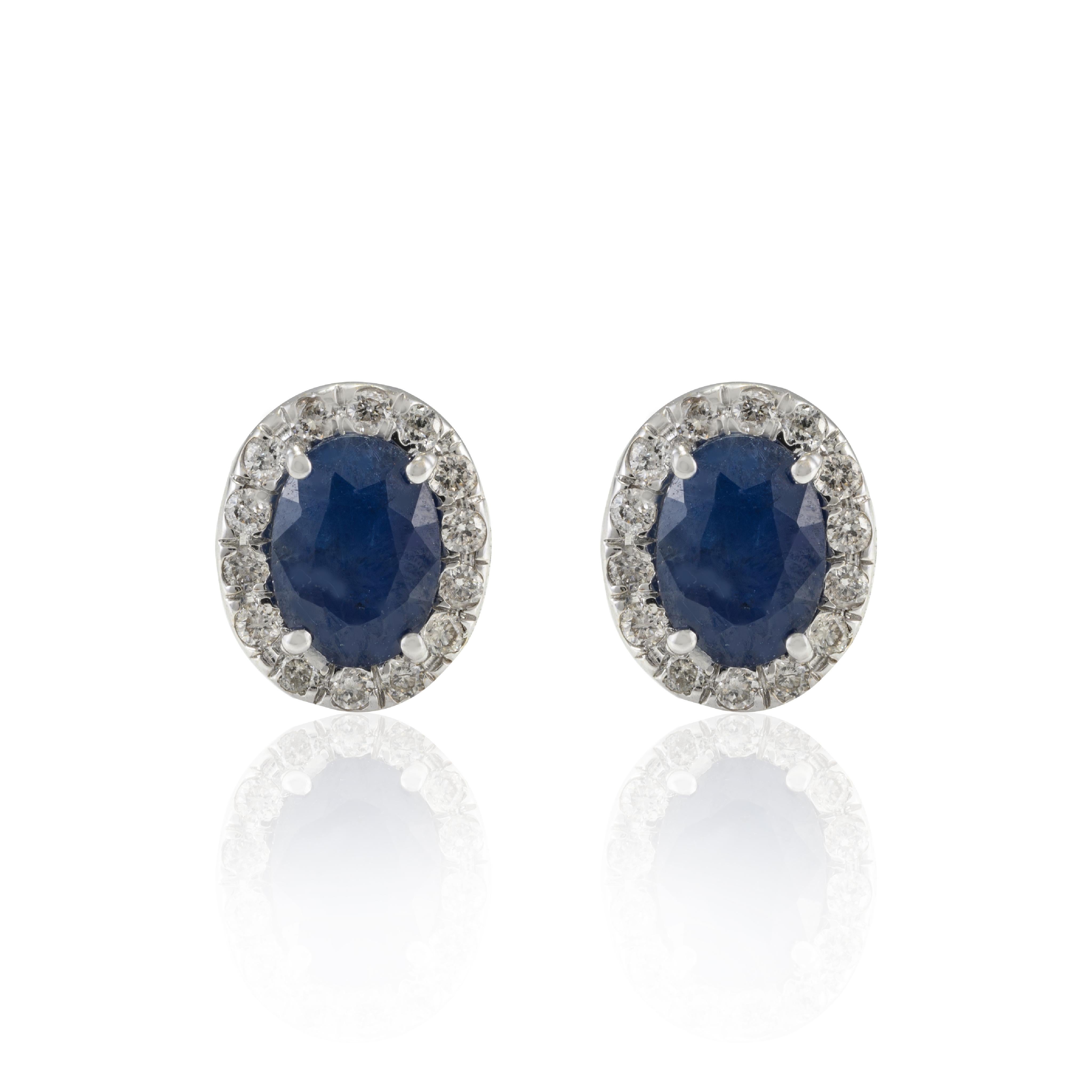 2.17 CTW Deep Blue Sapphire and Halo Diamond 18k Solid White Gold Stud Earrings In New Condition For Sale In Houston, TX