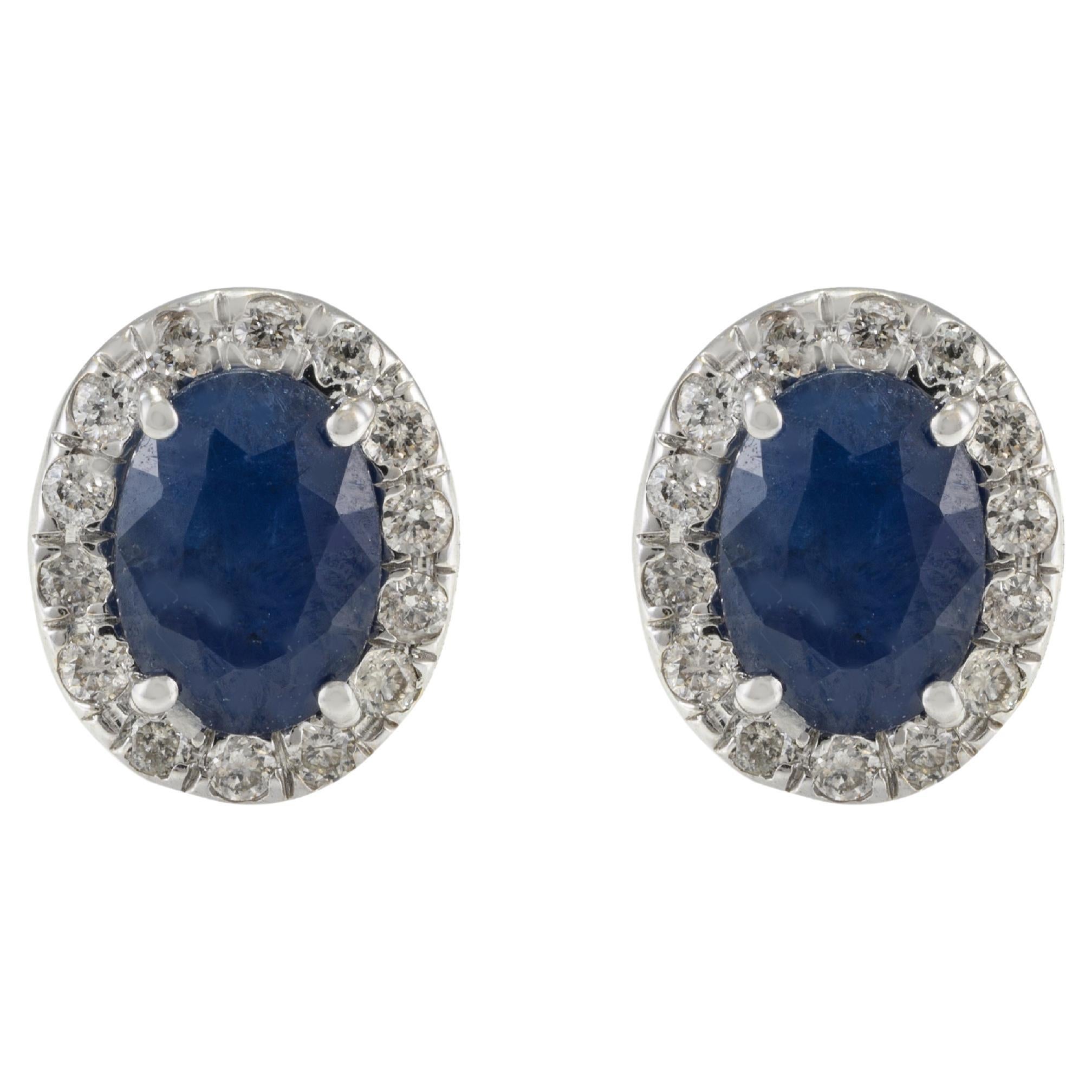 2.17 CTW Deep Blue Sapphire and Halo Diamond 18k Solid White Gold Stud Earrings For Sale