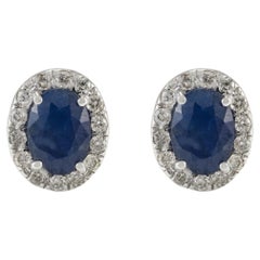2.17 CTW Deep Blue Sapphire and Halo Diamond 18k Solid White Gold Stud Earrings