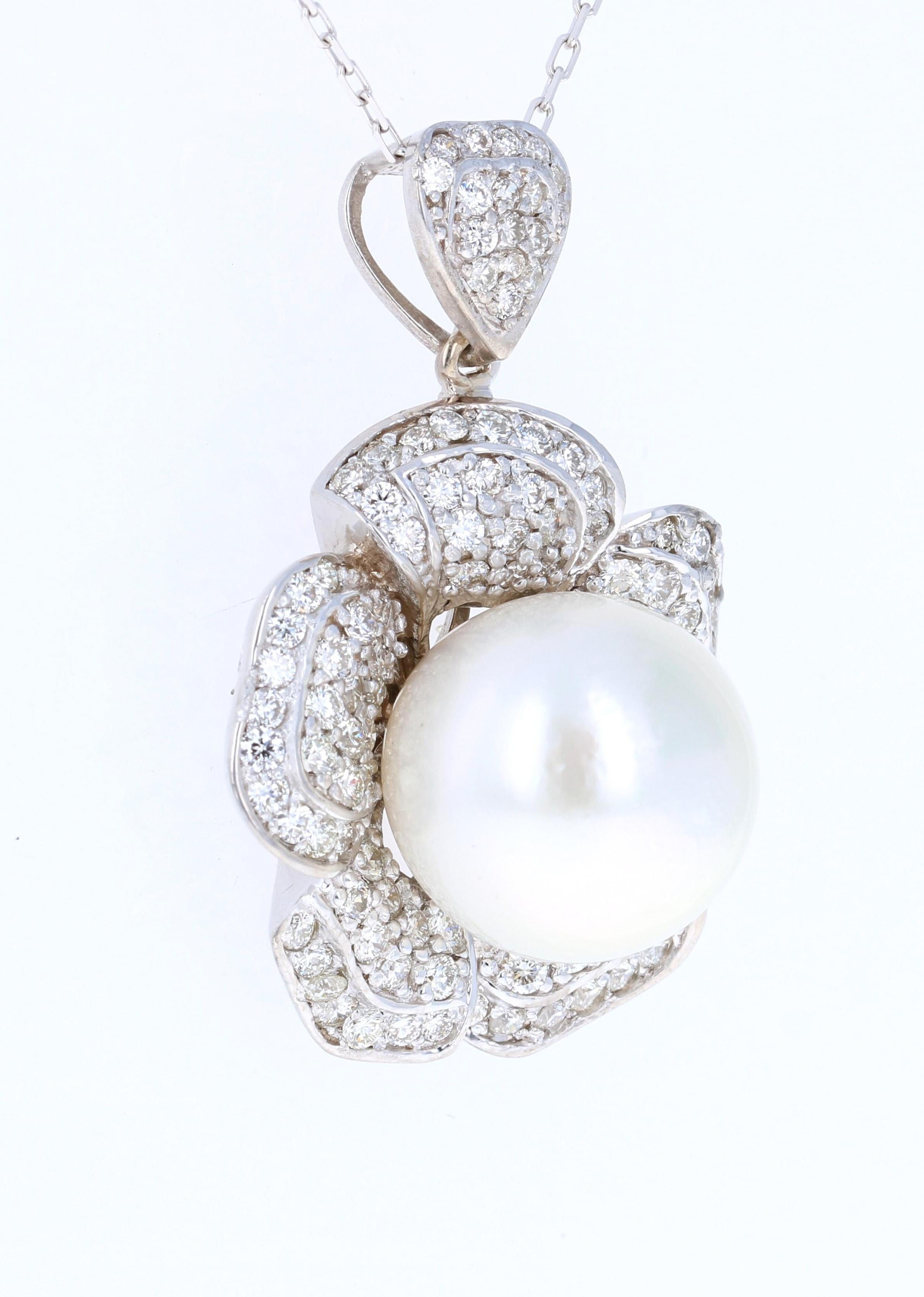 Women's 2.17 Carat Diamond and South Sea Pearl 18 Karat White Gold Pendant