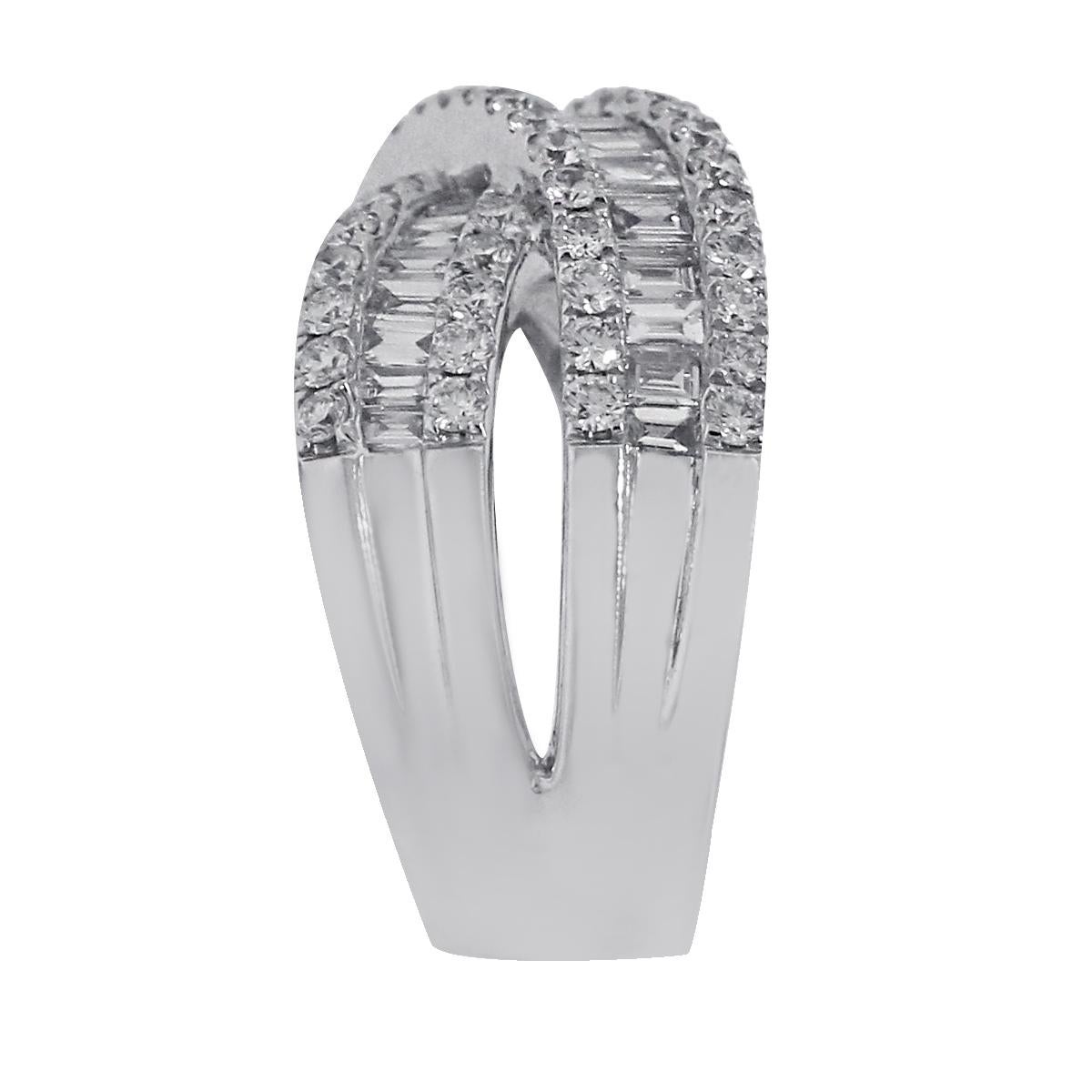 Material: 18k White Gold
Diamond Details: Approximately 2.17ctw round and baguette diamonds. Diamonds are H/I in color and SI1 in clarity.
Ring Size: 6.5 (can be sized)
Total Weight: 12.2g (7.8dwt)
Measurements: 0.80