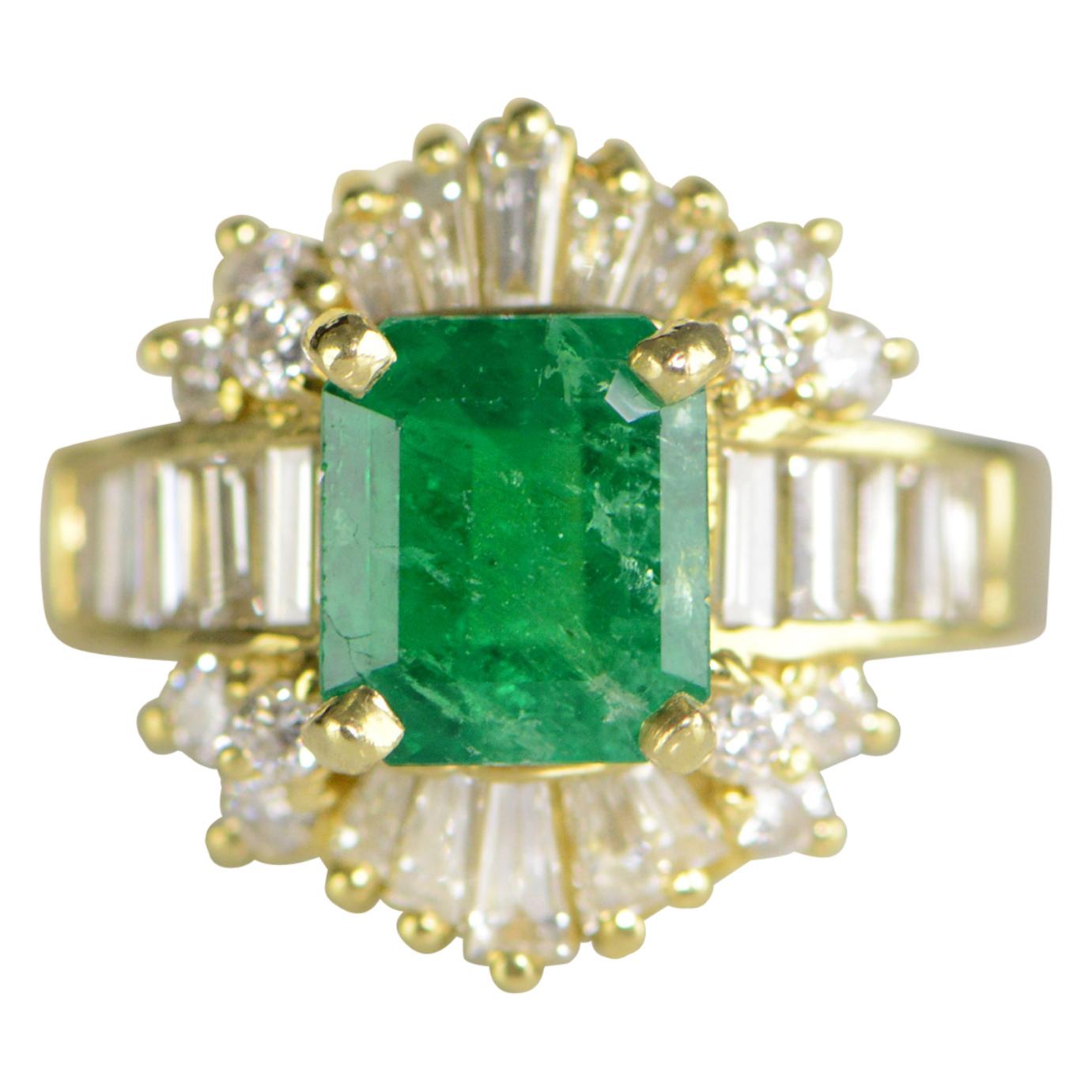2.17 Carat Emerald and Diamond Gold Ring For Sale