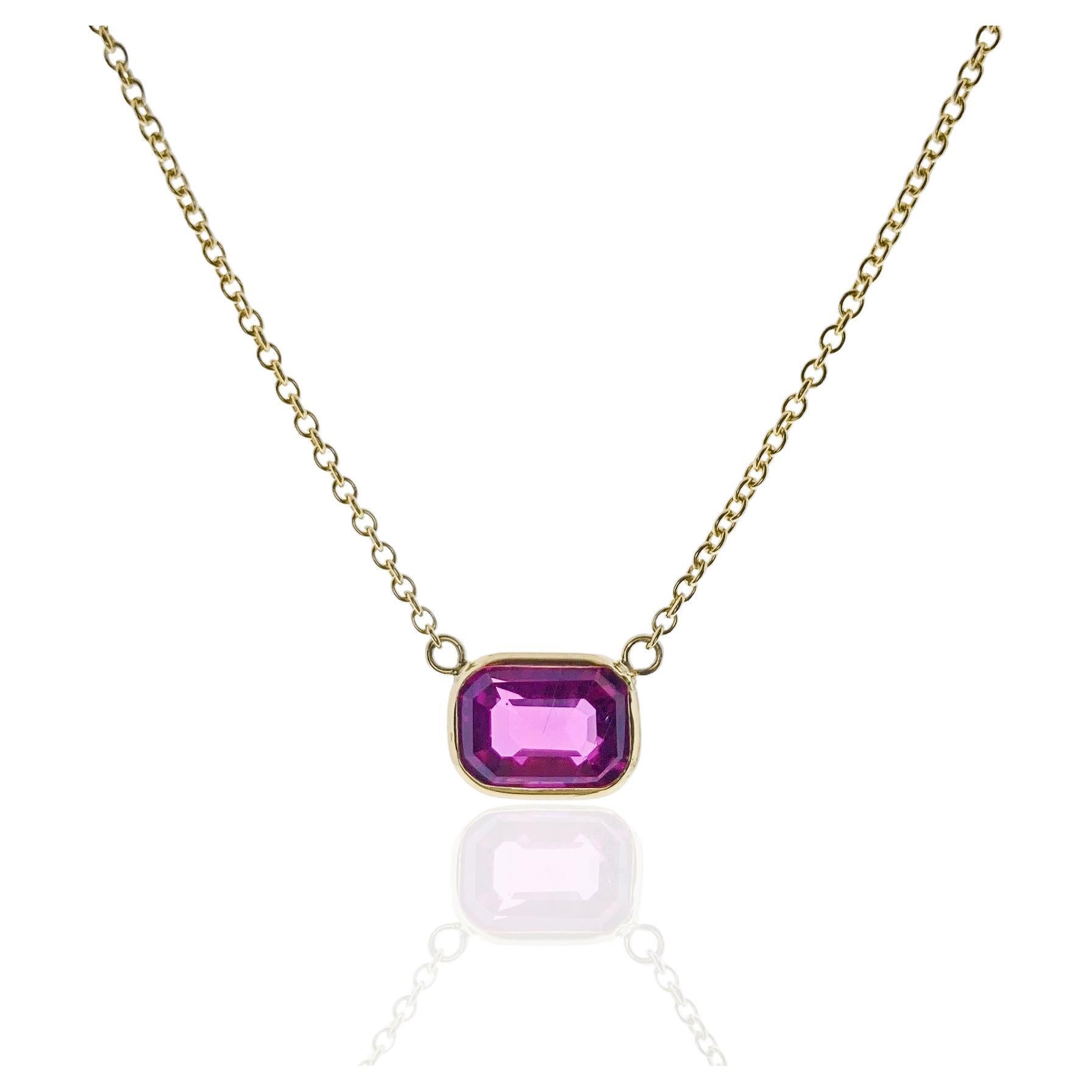 2.17 Carat Emerald Cut Pinkish Red Sapphire Fashion Necklaces In 14k Yellow Gold For Sale