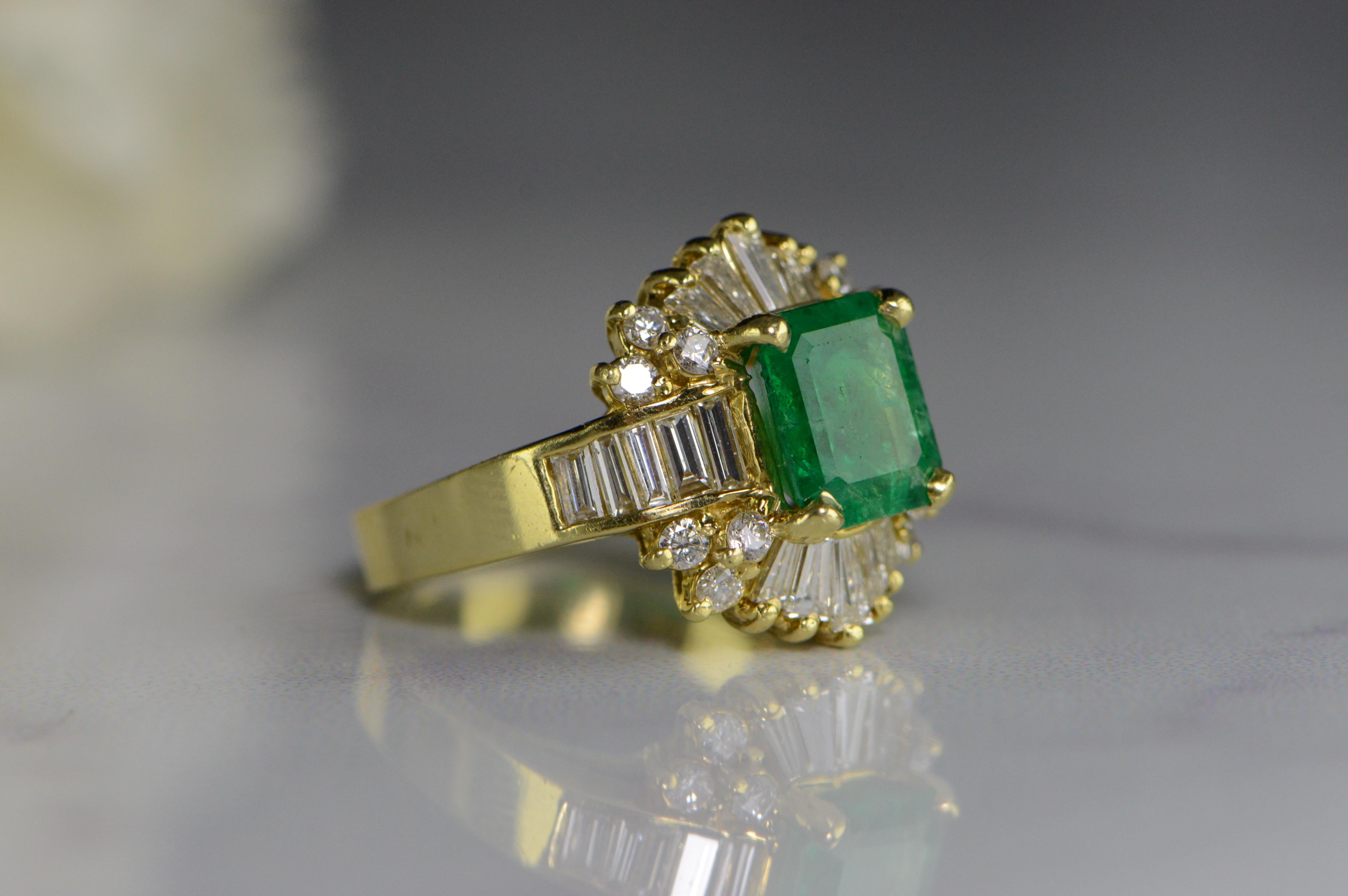 All diamonds are graded according to GIA grading standards. (When applicable)  
·Item: 18K 2.17 Ct Emerald 1.47 Ctw Diamond Statement Ring Size 6 Yellow Gold  
·Era: Vintage / 1980s  
·Composition: 18k Gold Marked/Tested  
·Center Gem Stone: 2.17Ct