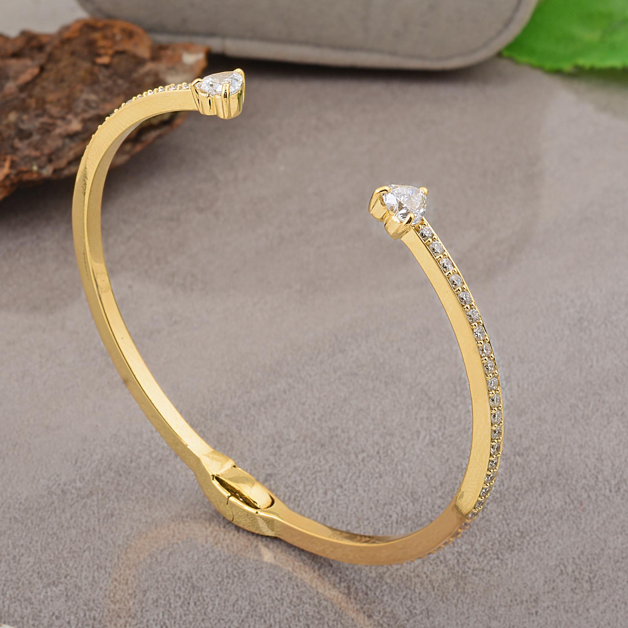 Modern 2.17 Carat Heart Shape Diamond Pave Cuff Bangle Bracelet 14k Yellow Gold Jewelry For Sale