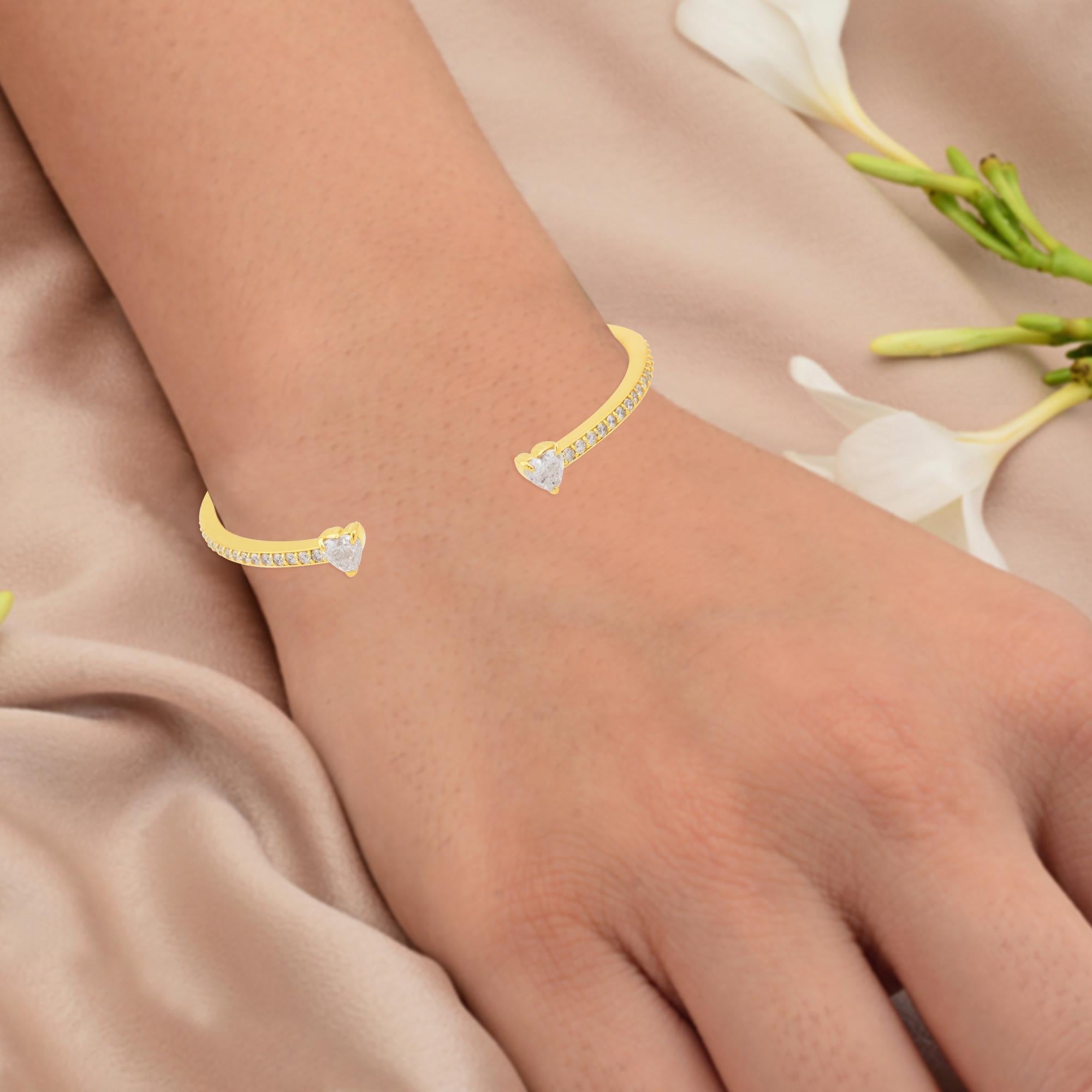 Heart Cut 2.17 Carat Heart Shape Diamond Pave Cuff Bangle Bracelet 14k Yellow Gold Jewelry For Sale