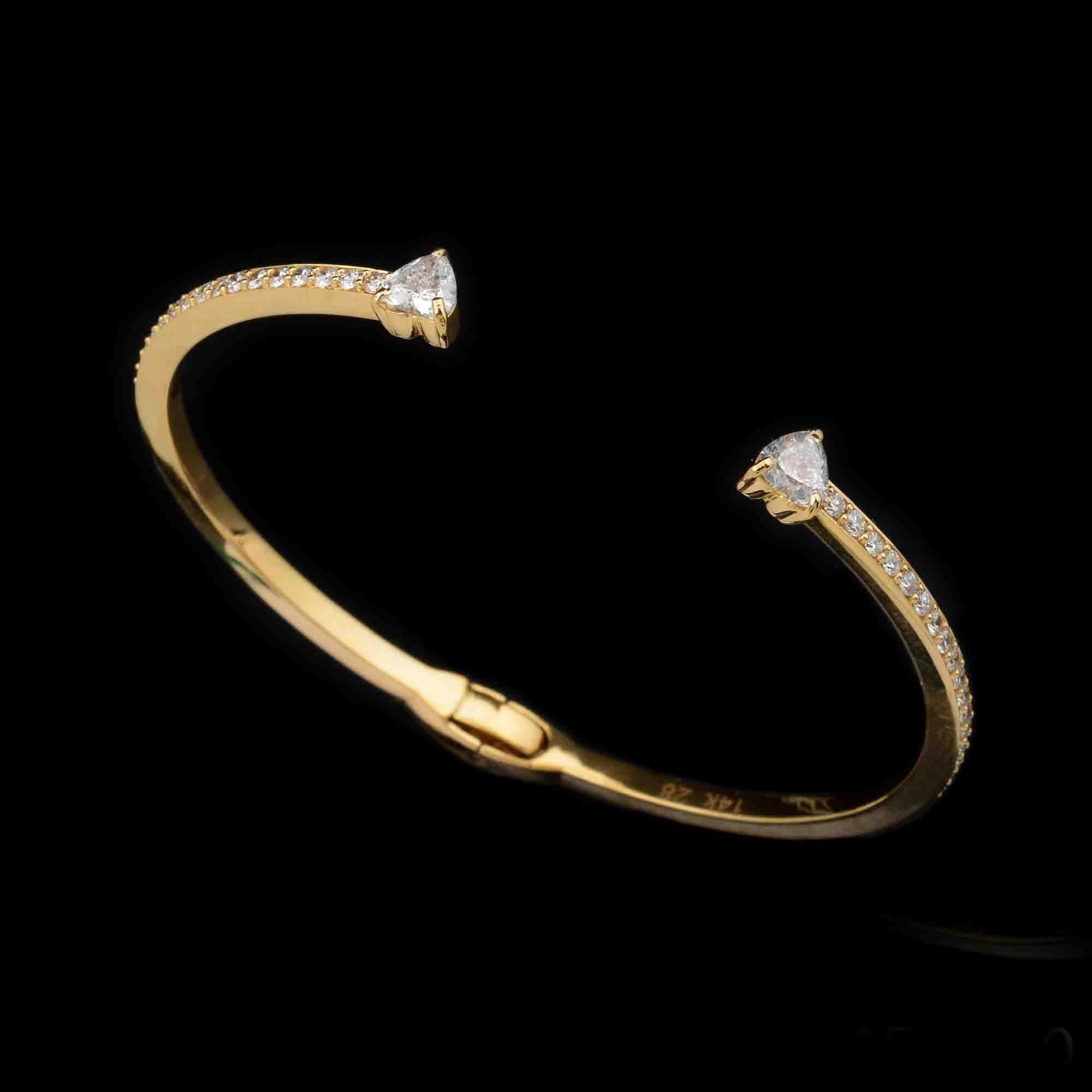 Women's 2.17 Carat Heart Shape Diamond Pave Cuff Bangle Bracelet 14k Yellow Gold Jewelry For Sale