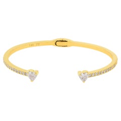 Bracelet manchette en or jaune 14 carats avec pavé de diamants en forme de cœur de 2,17 carats