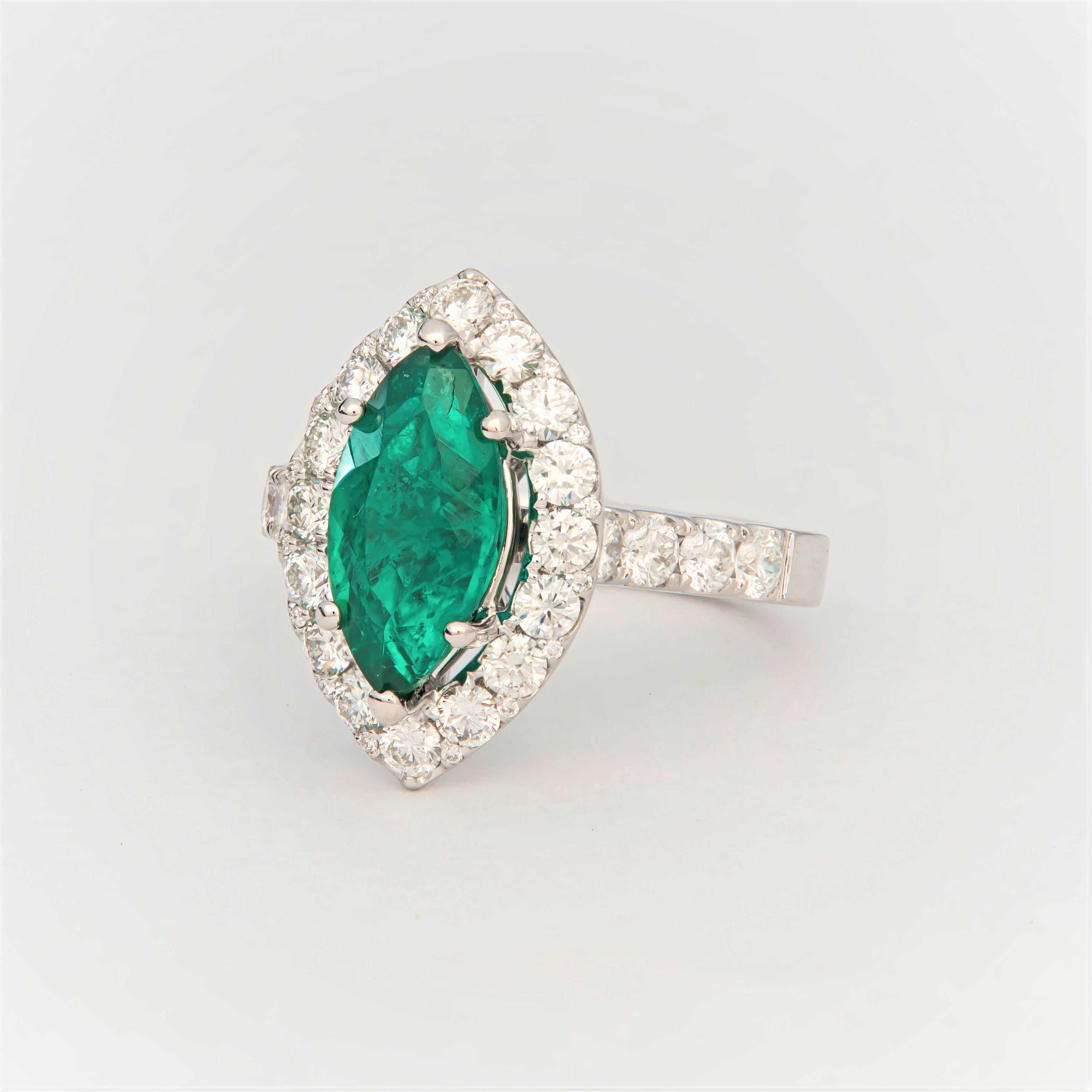 2.17 Carat Marquise Columbian Emerald and 1.40 Carat Diamond Engagement Ring In New Condition In Houston, TX