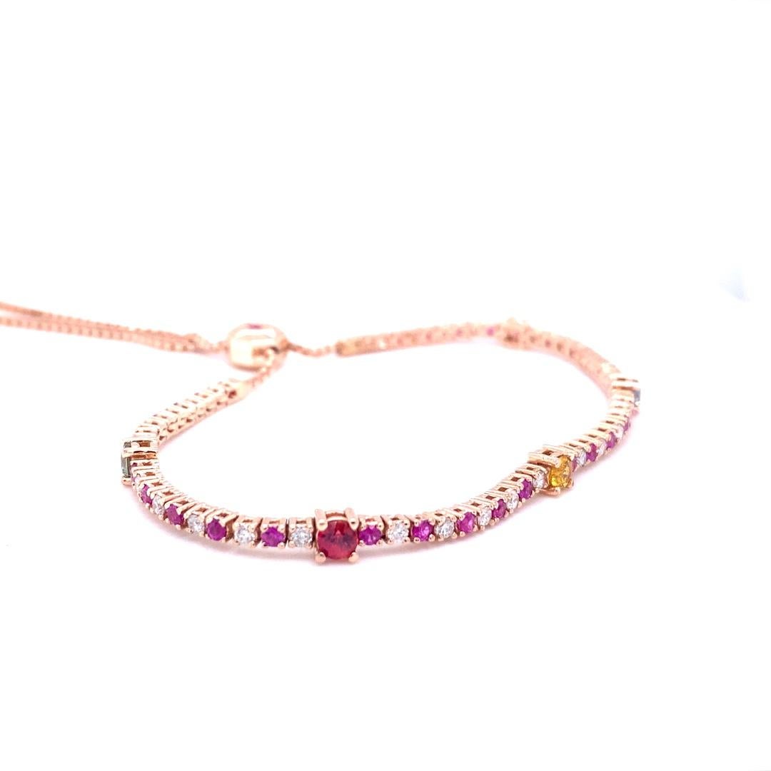 Contemporary 2.17 Carat Multicolor Sapphire and Diamond Adjustable Rose Gold Bracelet For Sale