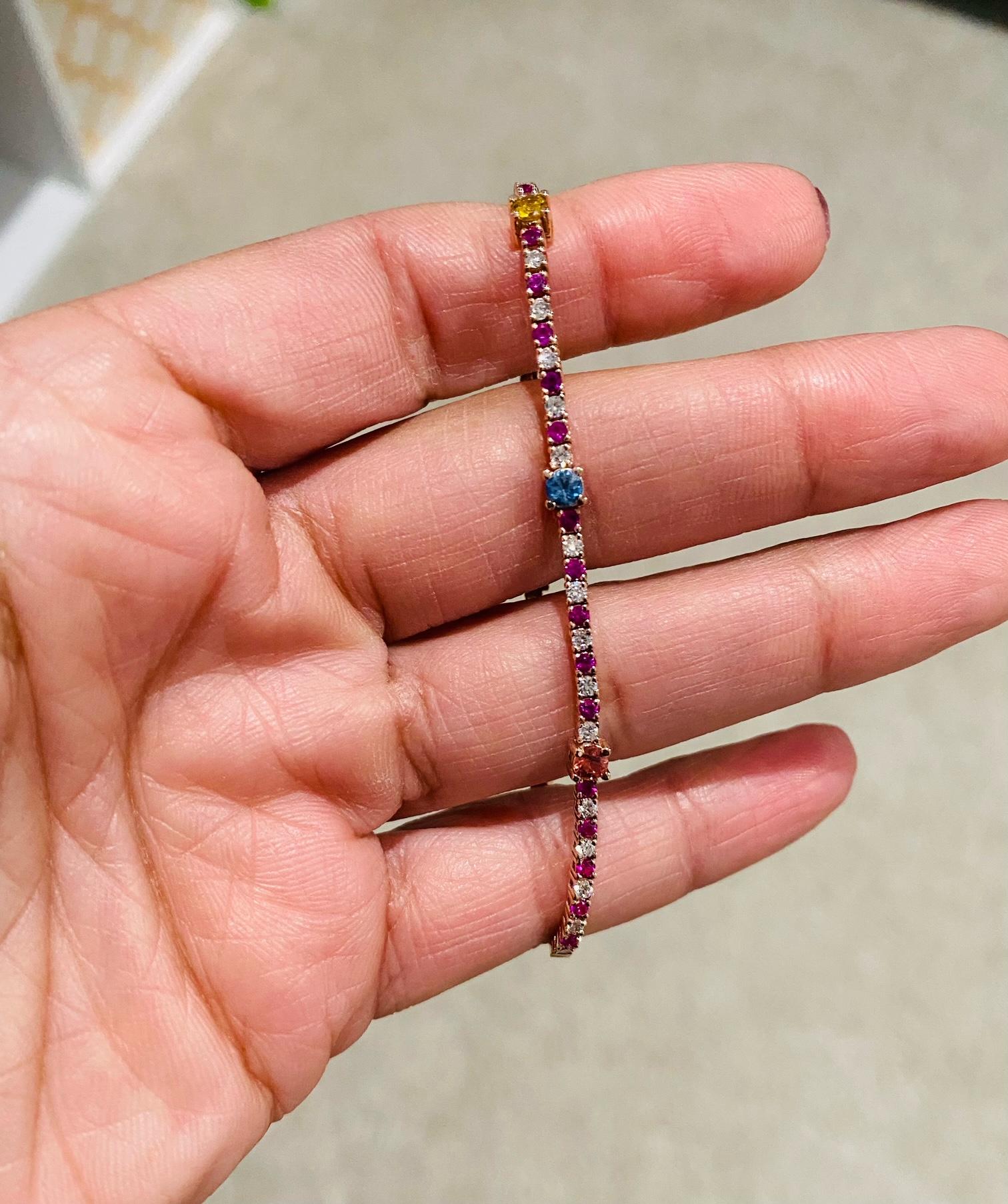 Taglio rotondo Bracciale in oro rosa regolabile con zaffiri e diamanti multicolore da 2,17 carati in vendita