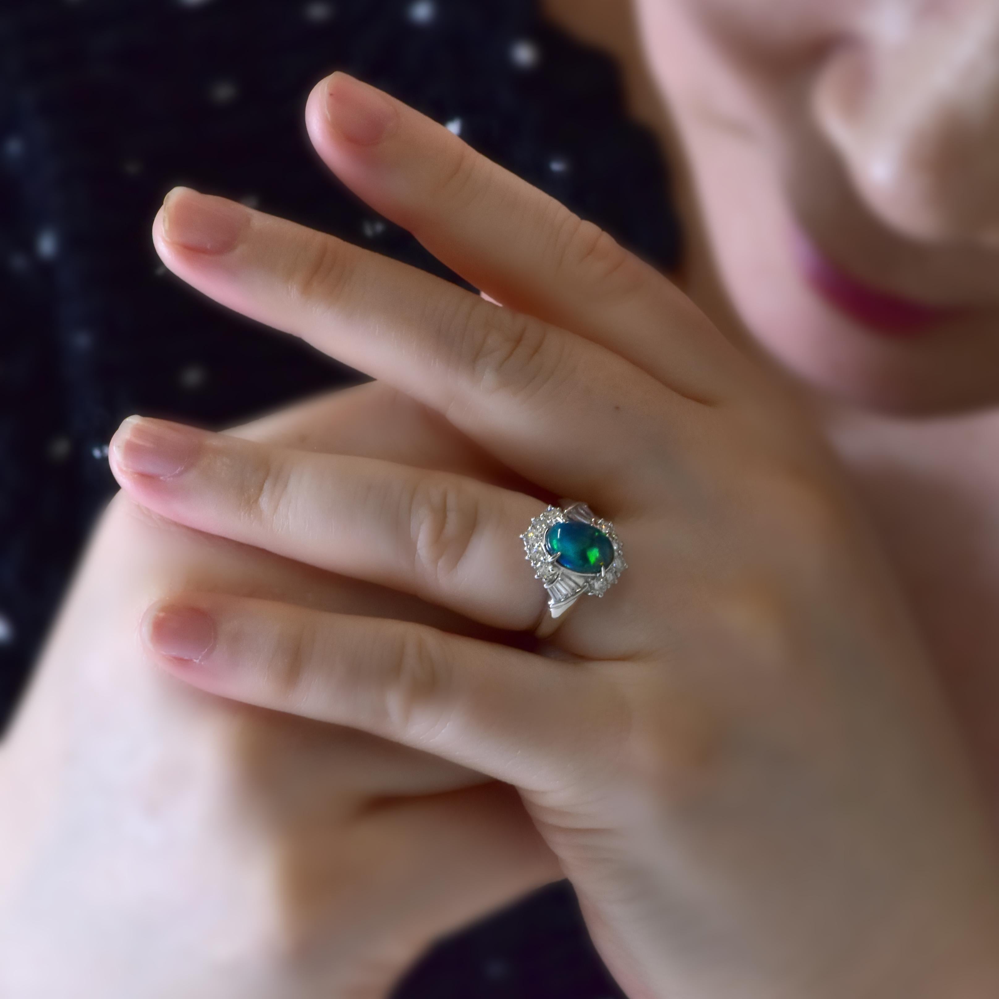 2.17 Carat Natural Australian Black Opal and Diamond Ring Made in Platinum For Sale 5