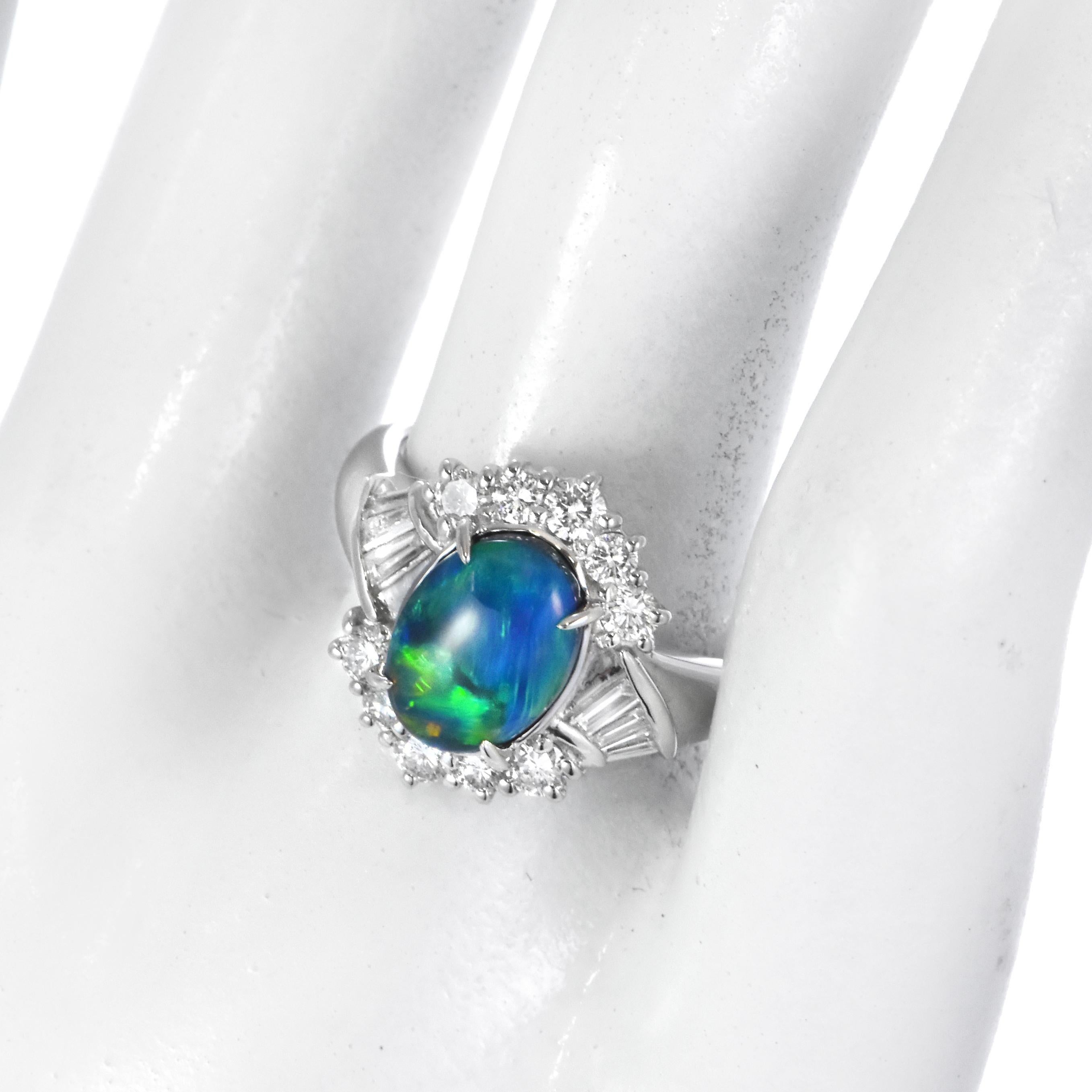 Modern 2.17 Carat Natural Australian Black Opal and Diamond Ring Made in Platinum For Sale