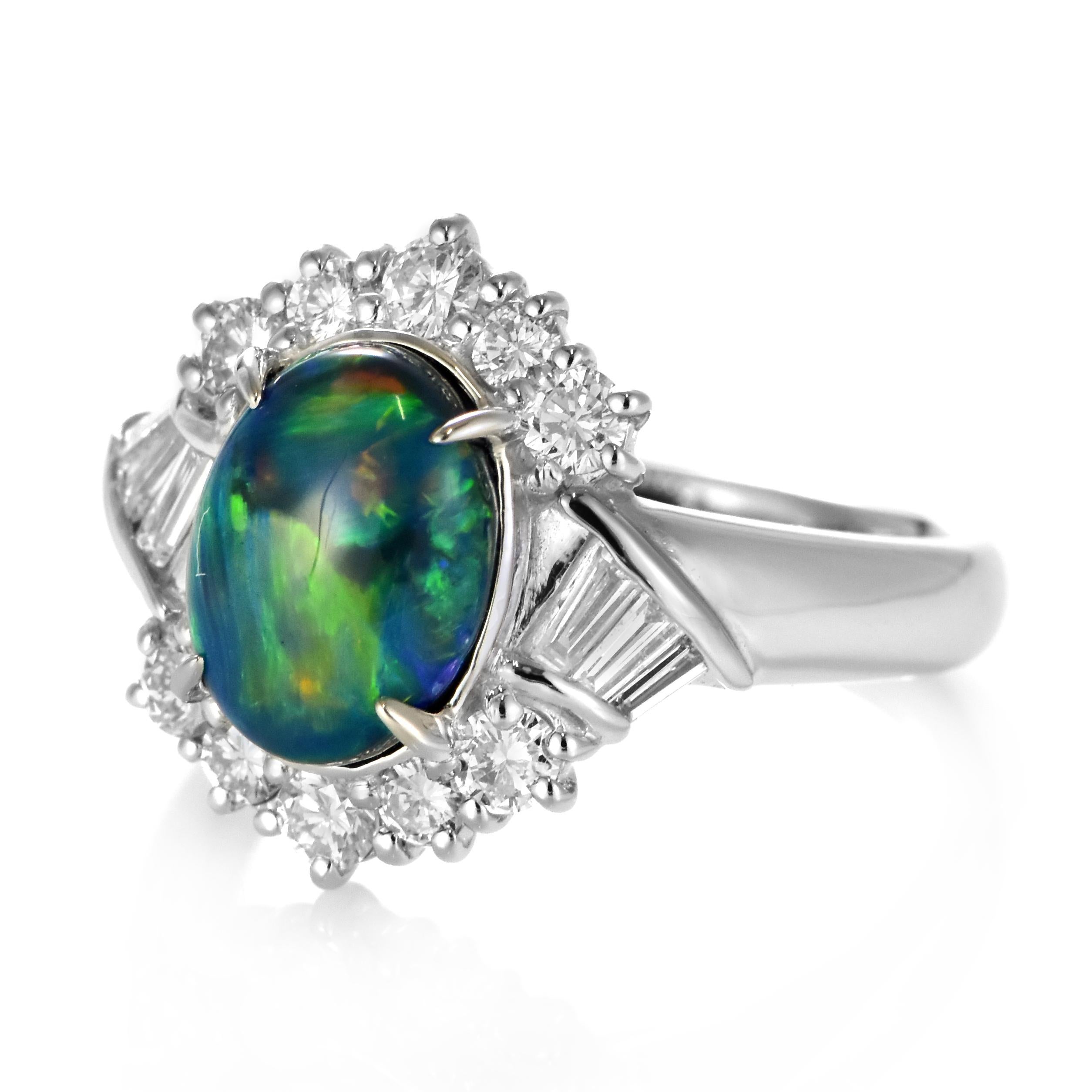 Cabochon 2.17 Carat Natural Australian Black Opal and Diamond Ring Made in Platinum For Sale