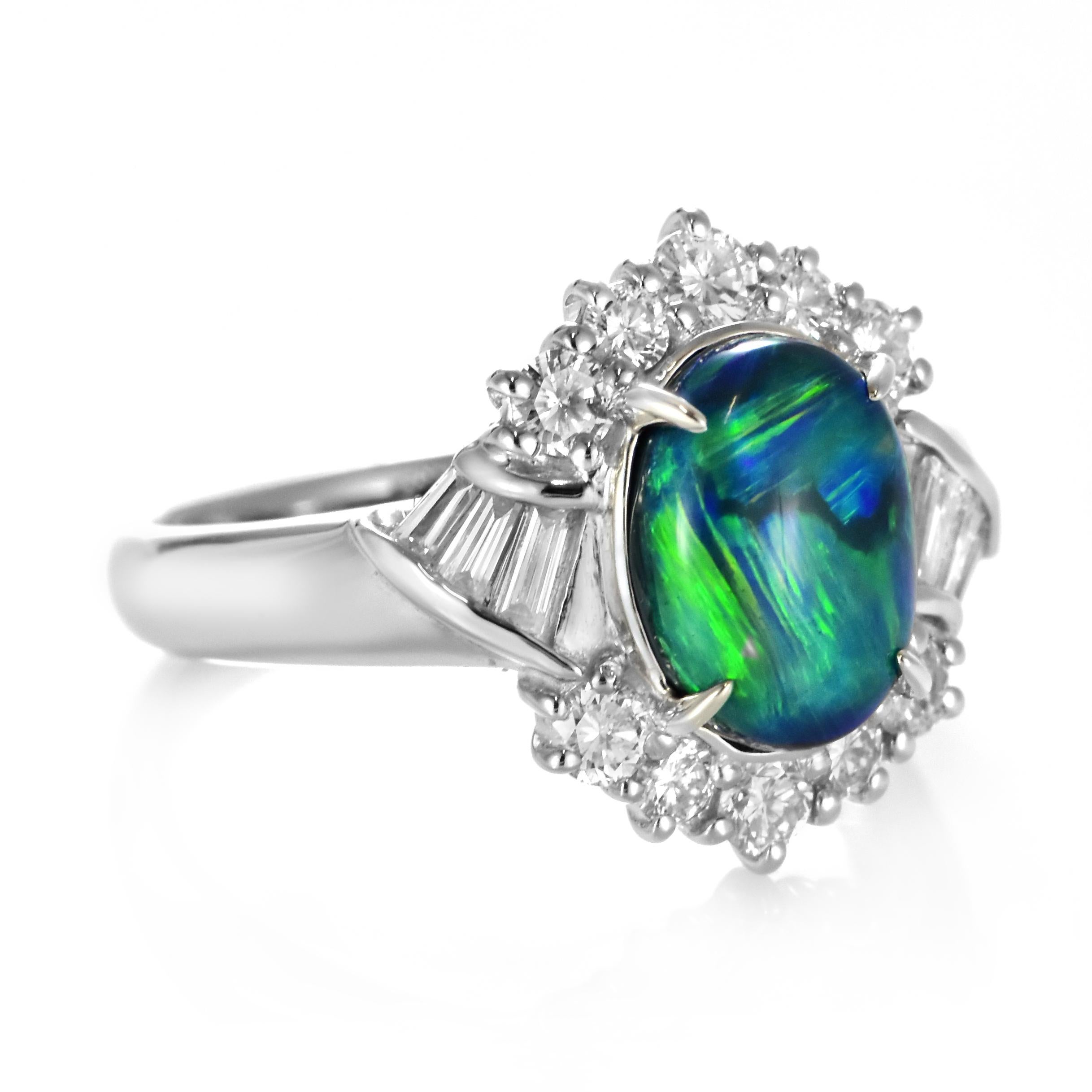 2.17 Carat Natural Australian Black Opal and Diamond Ring Made in Platinum For Sale 2