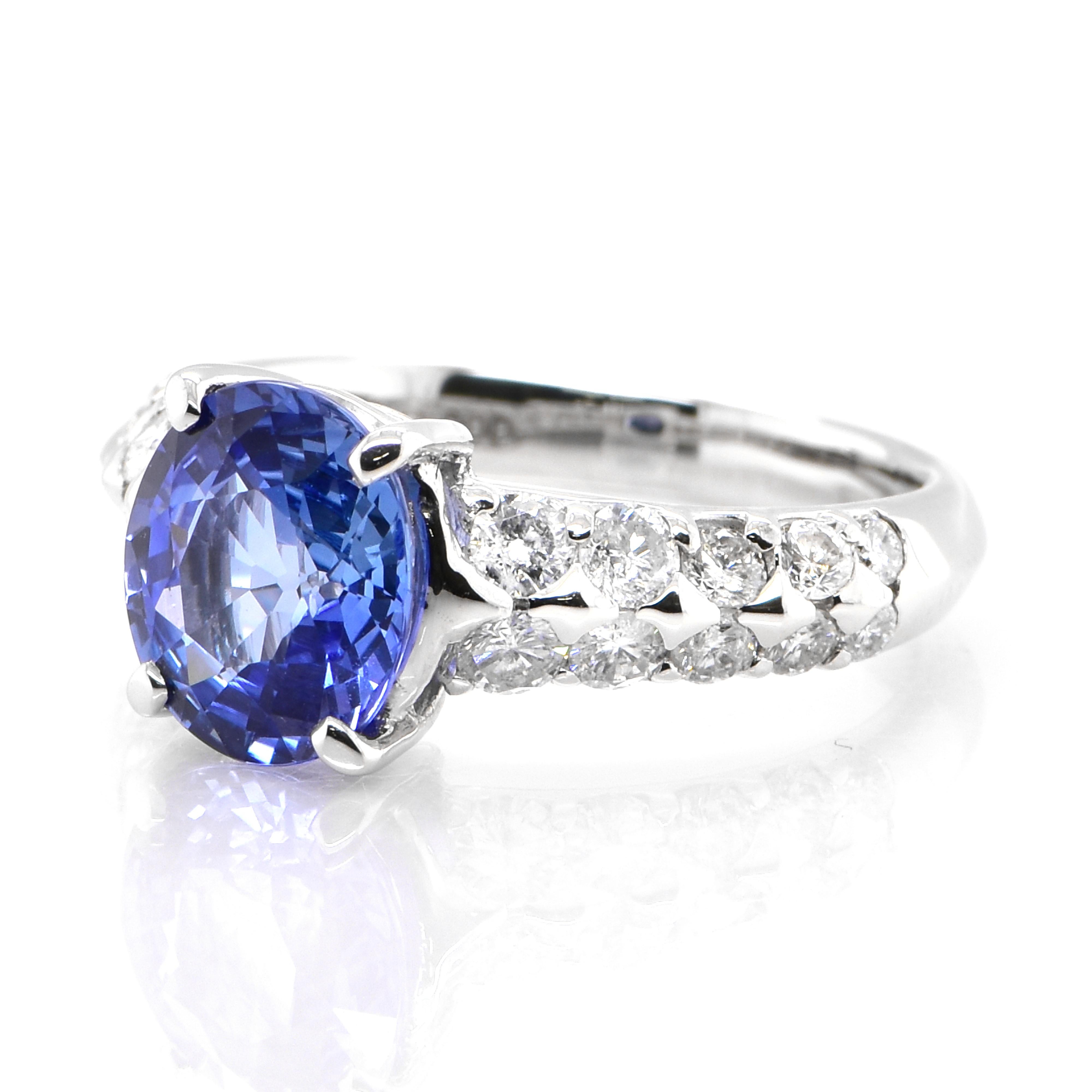 A beautiful ring featuring 2.17 Carat Natural Blue Sapphire and 0.70 Carats Diamond Accents set in Platinum. Sapphires have extraordinary durability - they excel in hardness as well as toughness and durability making them very popular in jewelry.
