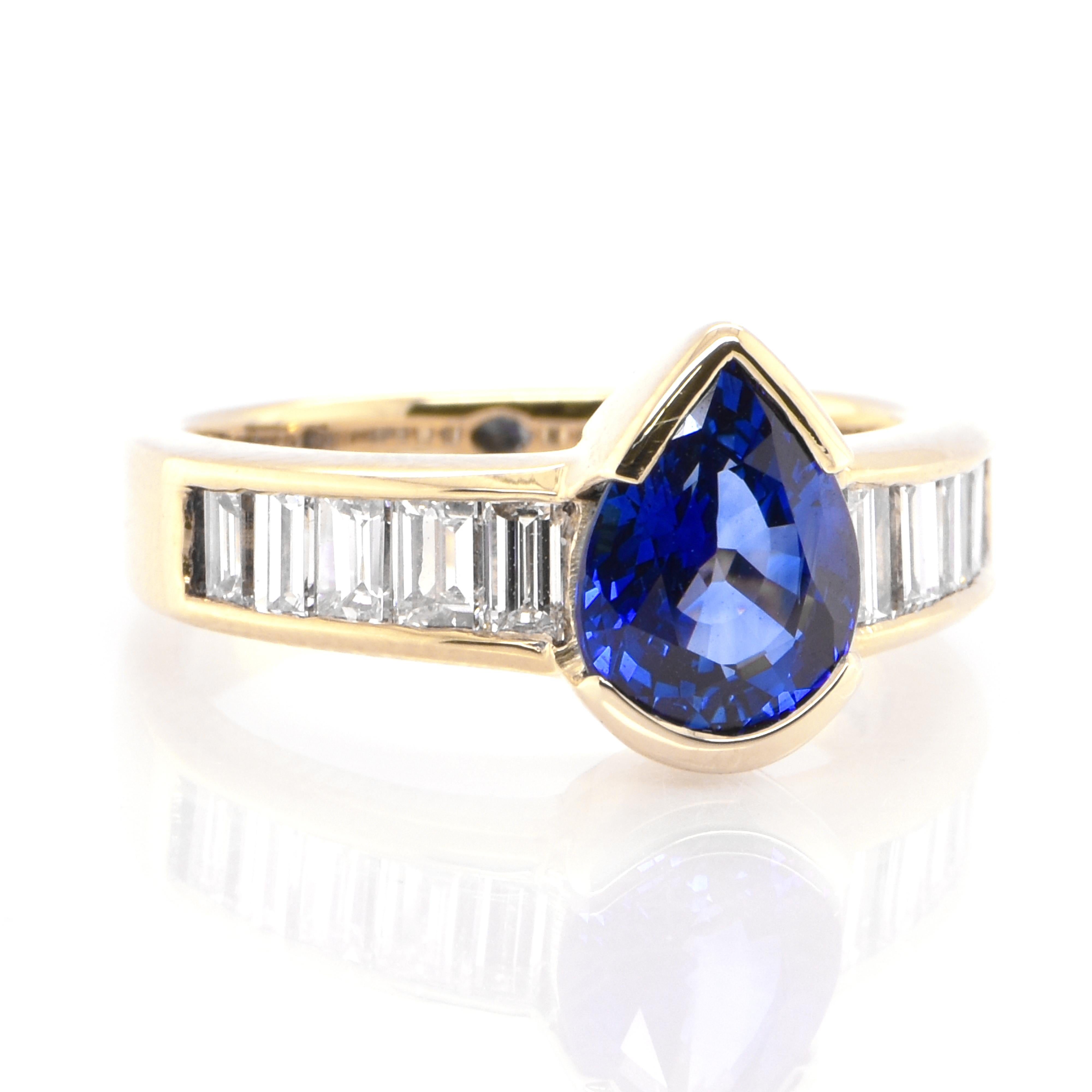 Modern 2.17 Carat Natural Sapphire and Diamond Baguette Ring Set in 18k Yellow Gold