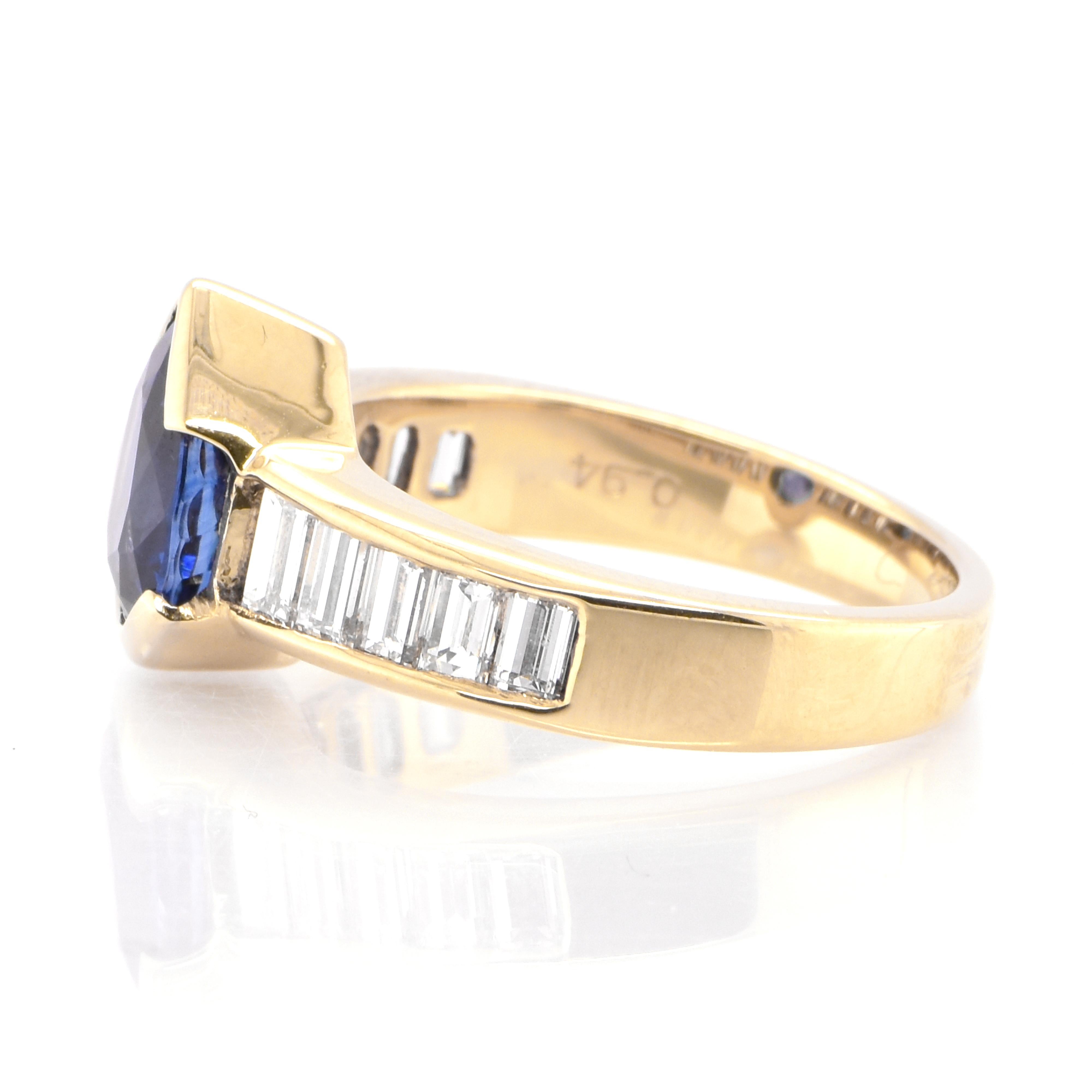 Pear Cut 2.17 Carat Natural Sapphire and Diamond Baguette Ring Set in 18k Yellow Gold