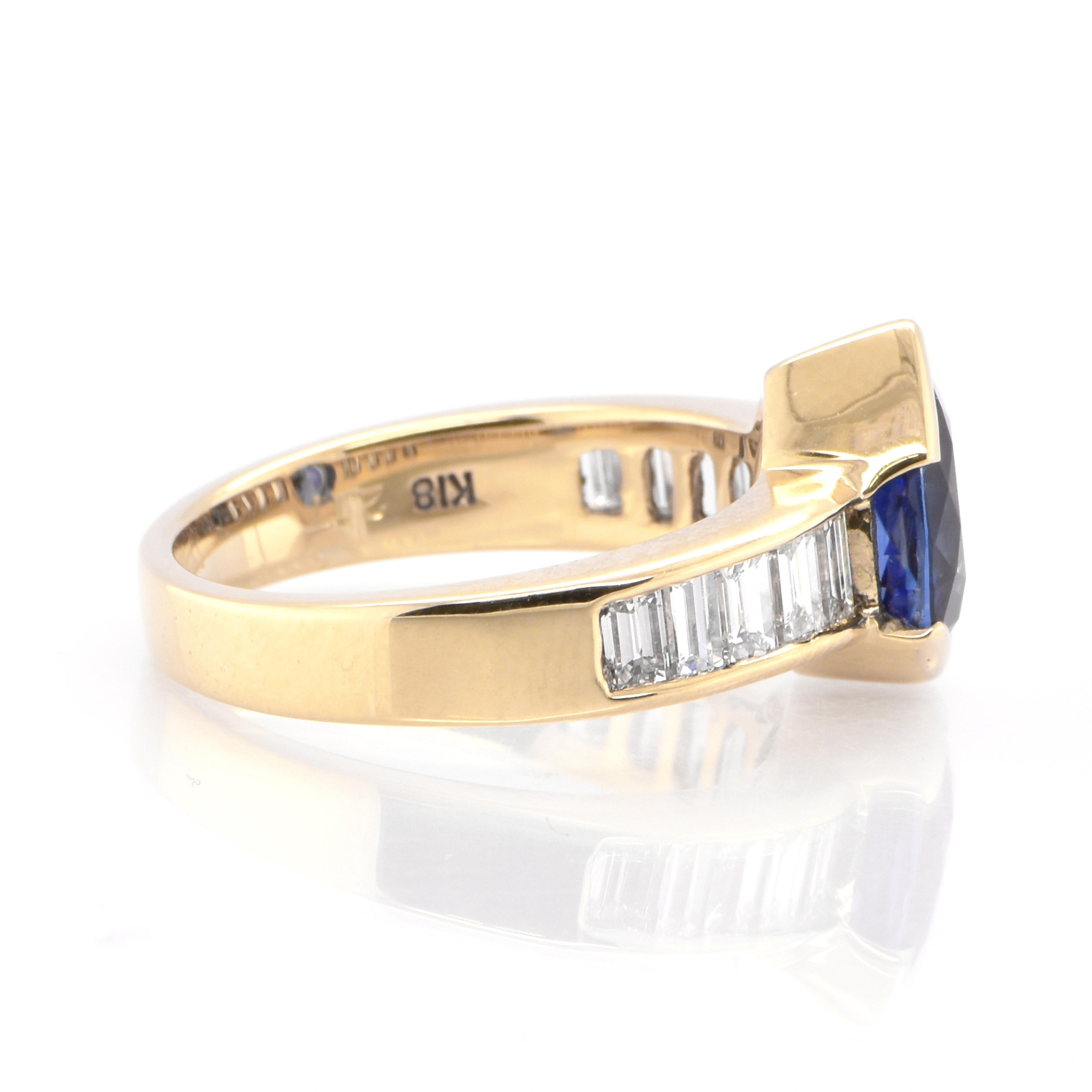 2.17 Carat Natural Sapphire and Diamond Baguette Ring Set in 18k Yellow Gold In Excellent Condition In Tokyo, JP