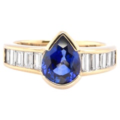 2.17 Carat Natural Sapphire and Diamond Baguette Ring Set in 18k Yellow Gold