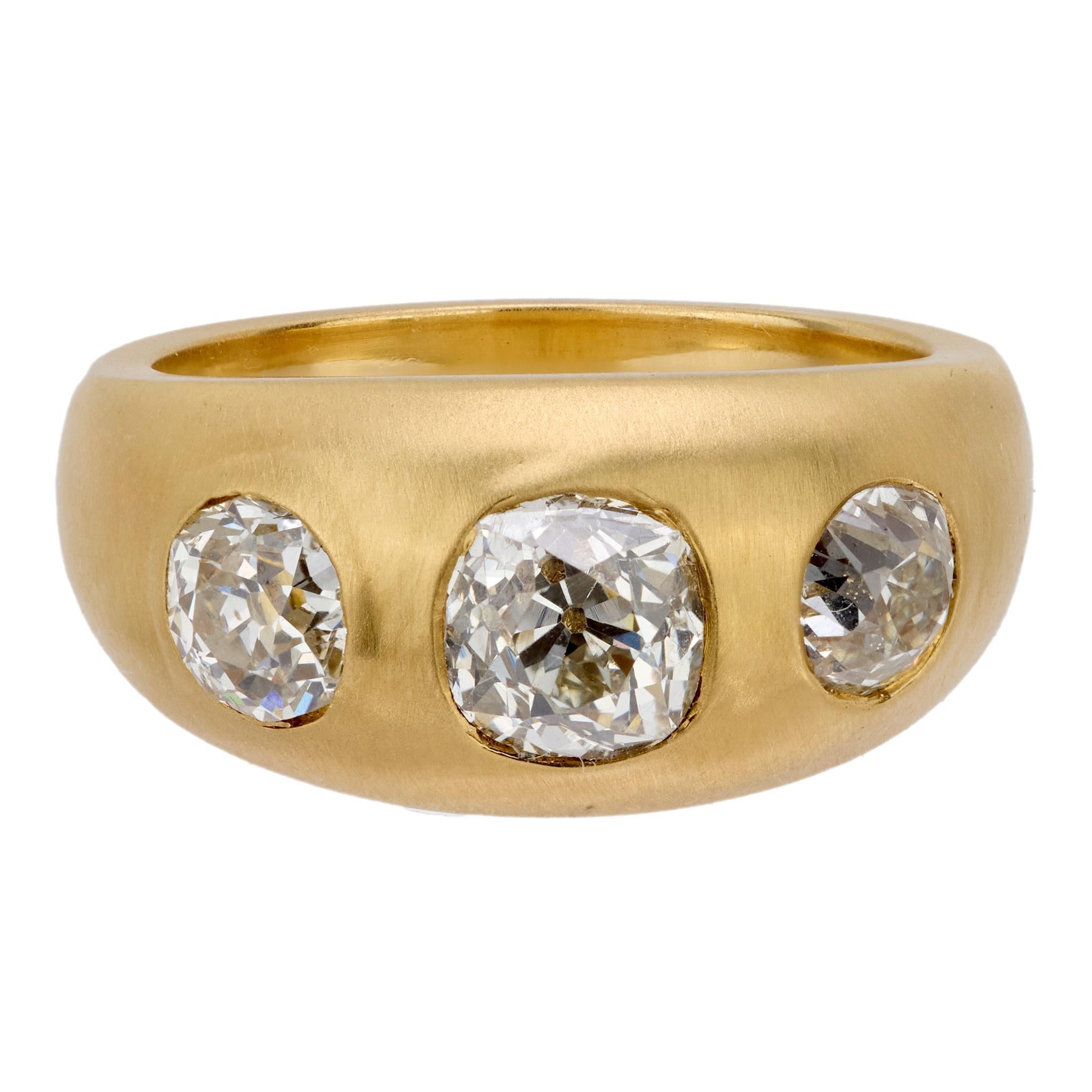 Old Mine Cut 2.17 carat old mine cut diamond matte 18k gold three stone band For Sale