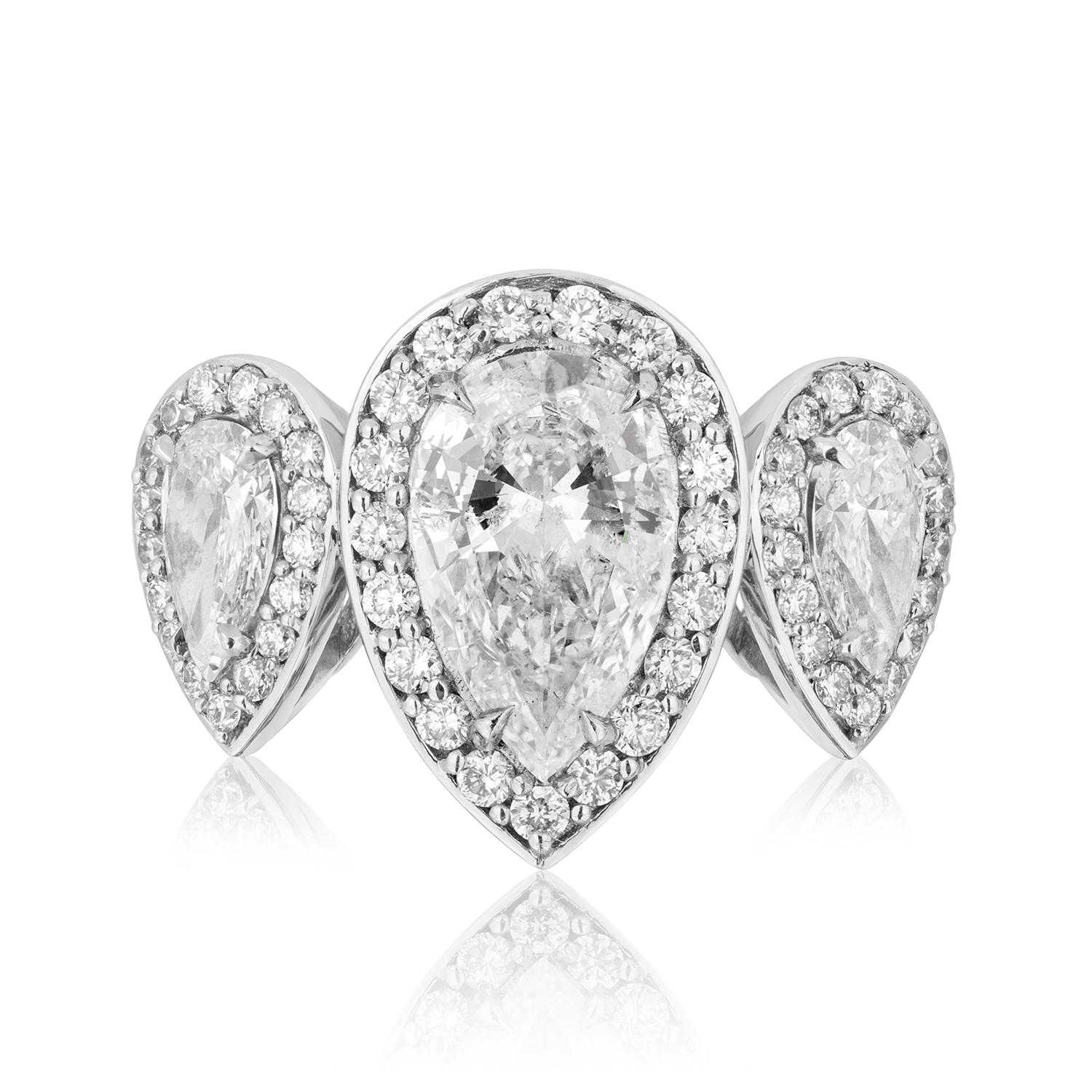Pear Cut 2.17 Carat Pear Shaped Diamond Three-Stone Ring For Sale