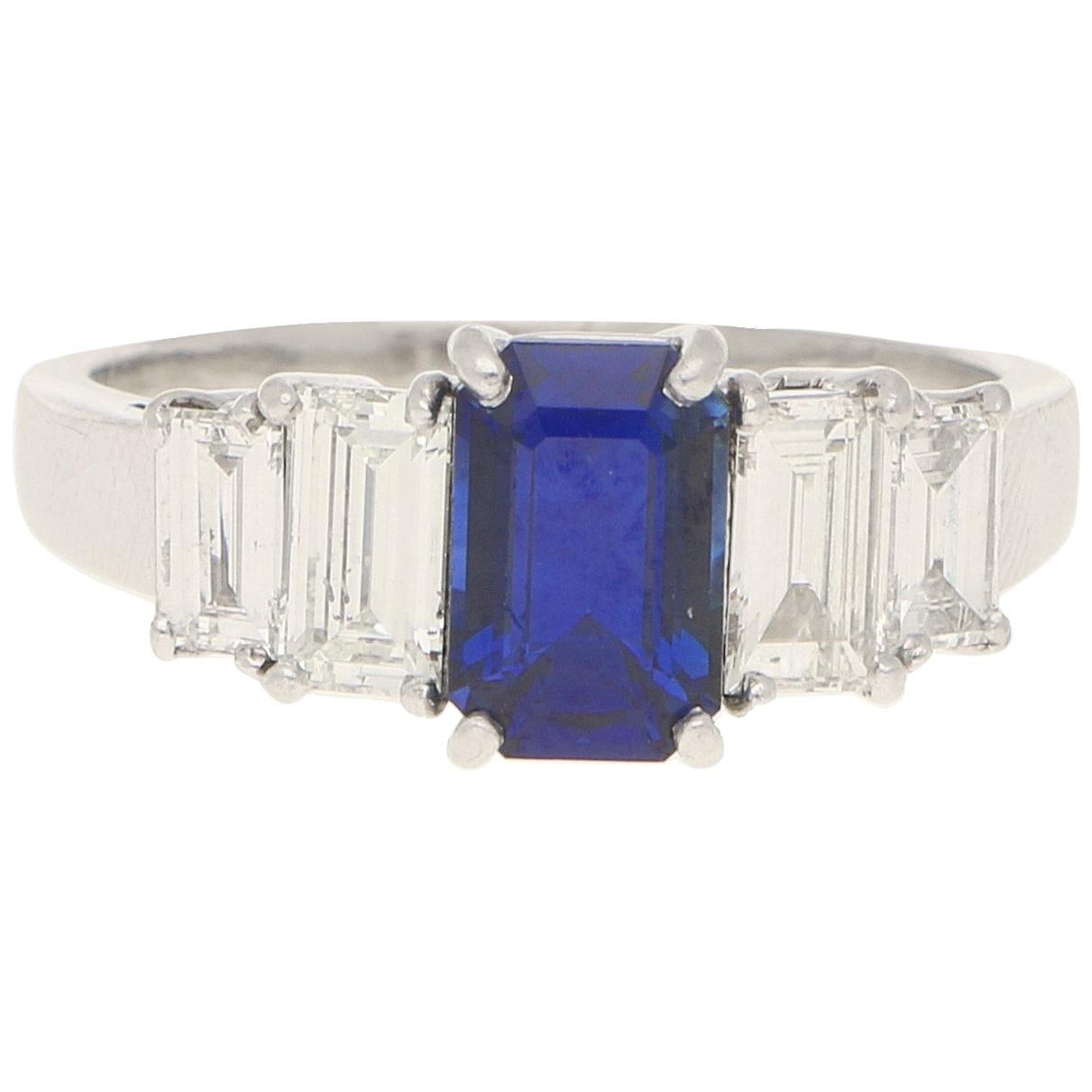 Royal Blue Sapphire and Diamond Five Stone Ring Set in Platinum