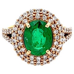 2.17 Carats Emerald Diamond 18 Karat Yellow Gold Double Halo Ring
