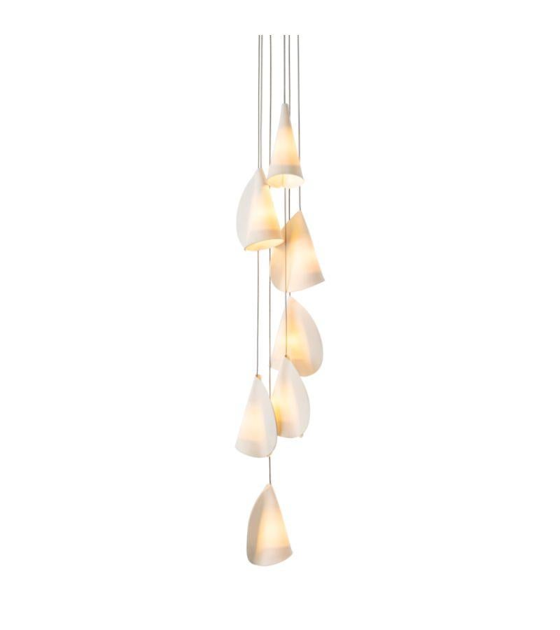 21.7 Cluster Porcelain chandelier lamp by Bocci
Dimensions: Diameter 20.3 x H 300 cm 
Materials: Porcelain, borosilicate glass, braided metal coaxial cable, electrical components, brushed nickel canopy. 
Lamping: : 1.5w LED or 20w xenon.