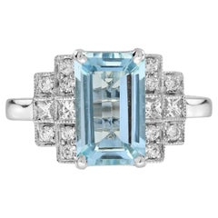 2.17 Ct. Aquamarine Diamond Art Deco Style Ring in 18K White Gold