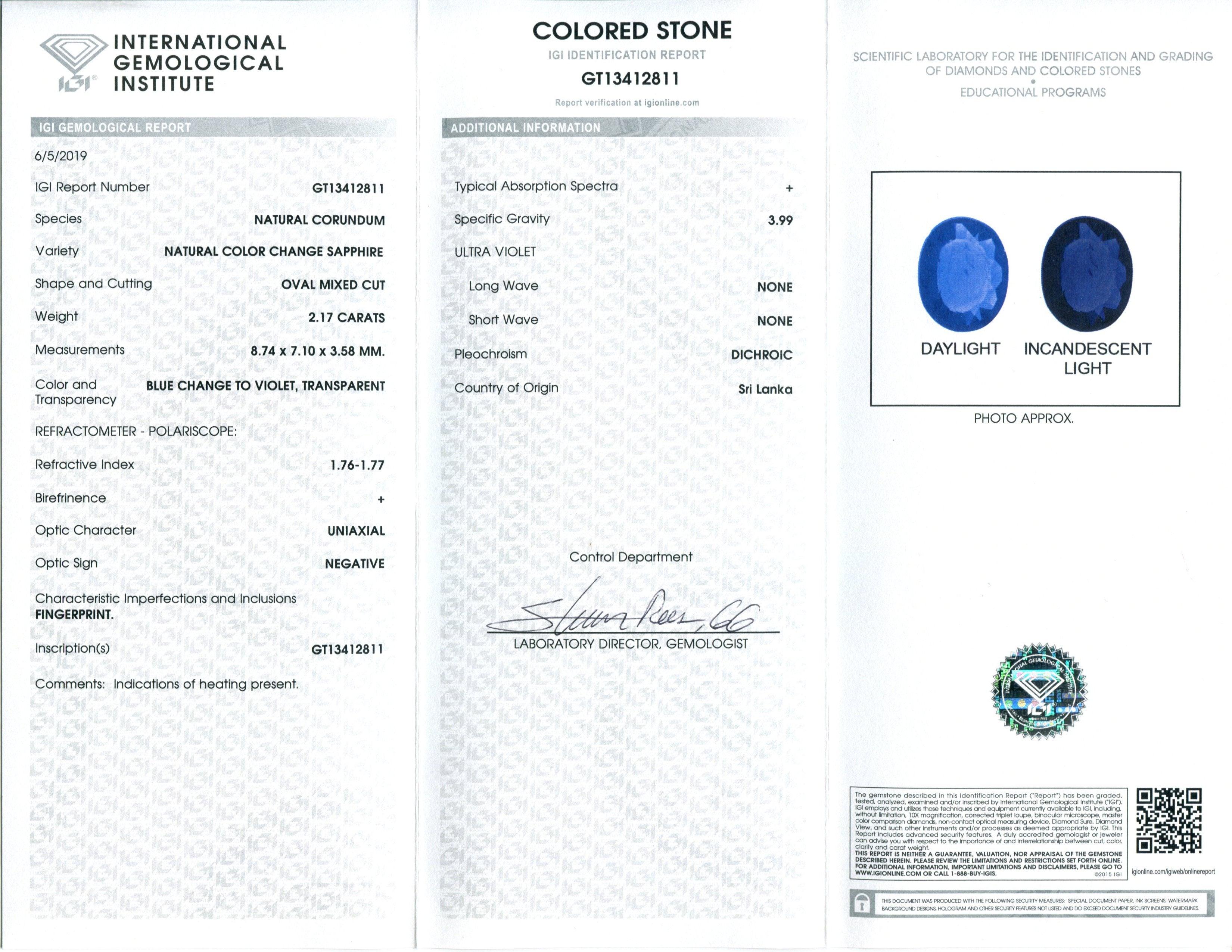 Women's or Men's 2.17 ct Color Change Sapphire Oval IGI Certified Sri Lankan For Sale
