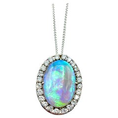 Vintage 21.70 Carat Cabochon Opal and Round Diamond White Gold Pendant Necklace