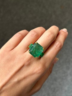 21.70 Carat Emerald and Enamel Three Stone Cocktail Ring in 18K Gold
