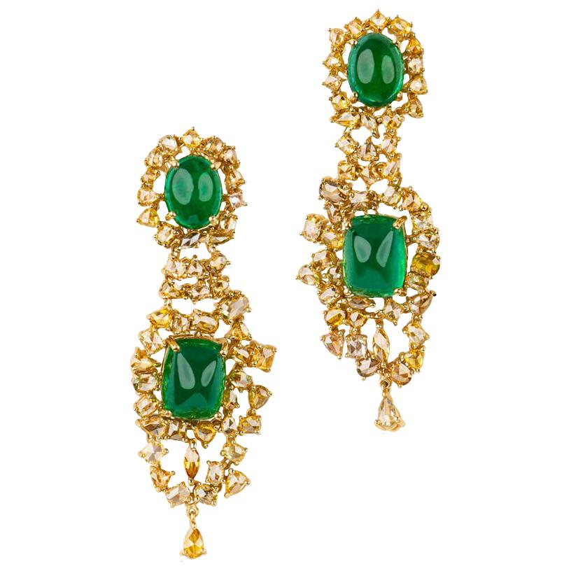 21.71 Carat Natural Emerald Cabochon & 10.61ctw Natural Yellow Diamond Earrings  For Sale