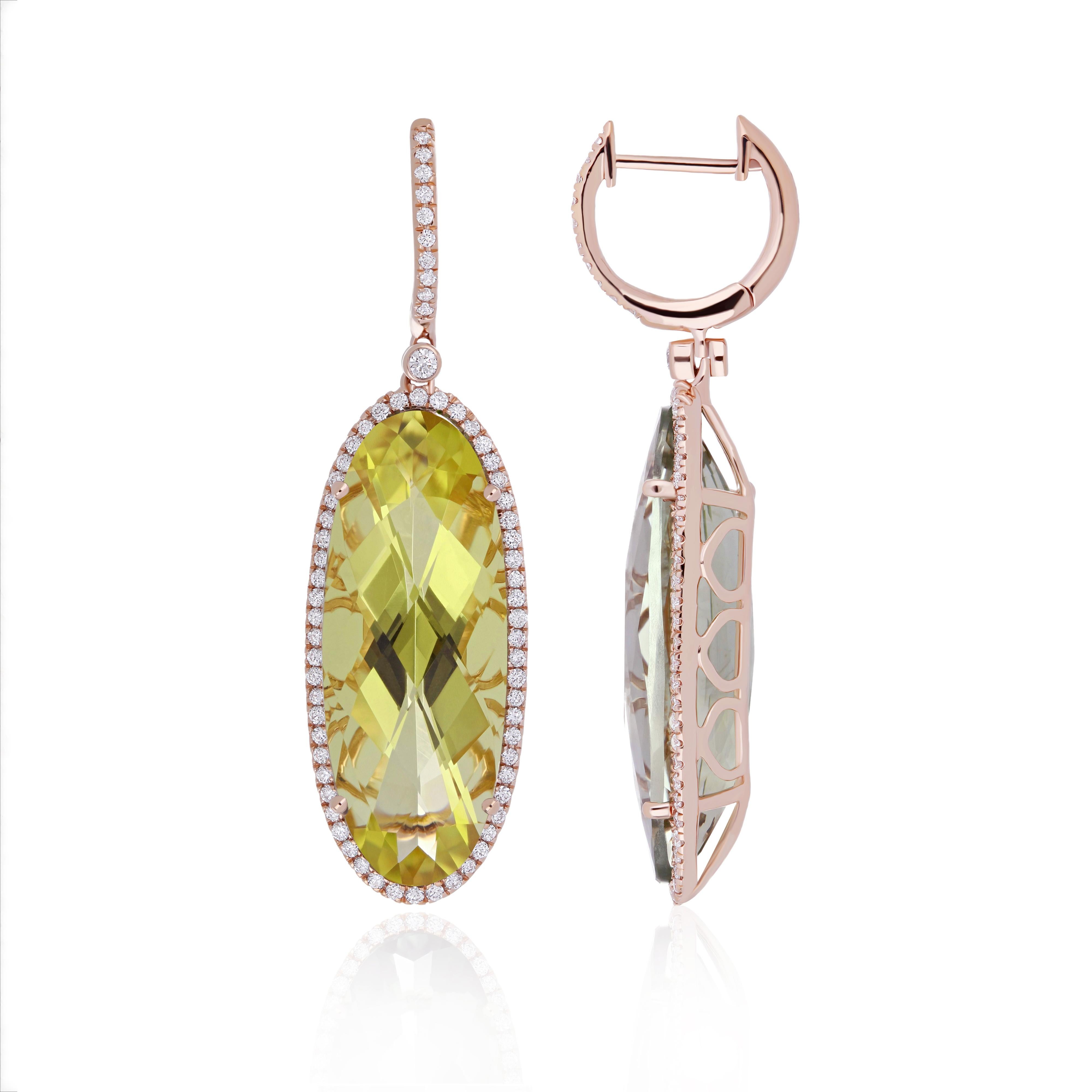 Elegant and Exquisitely Detailed Rose Gold mismatched set of Earrings with Oval Shape Lemon Citrine weighing approx.  11.75 Cts and Mint Quartz in Oval Shape weighing approx. 9.96Cts and surrounded with micro pave set Diamonds weighing approx. 0.68